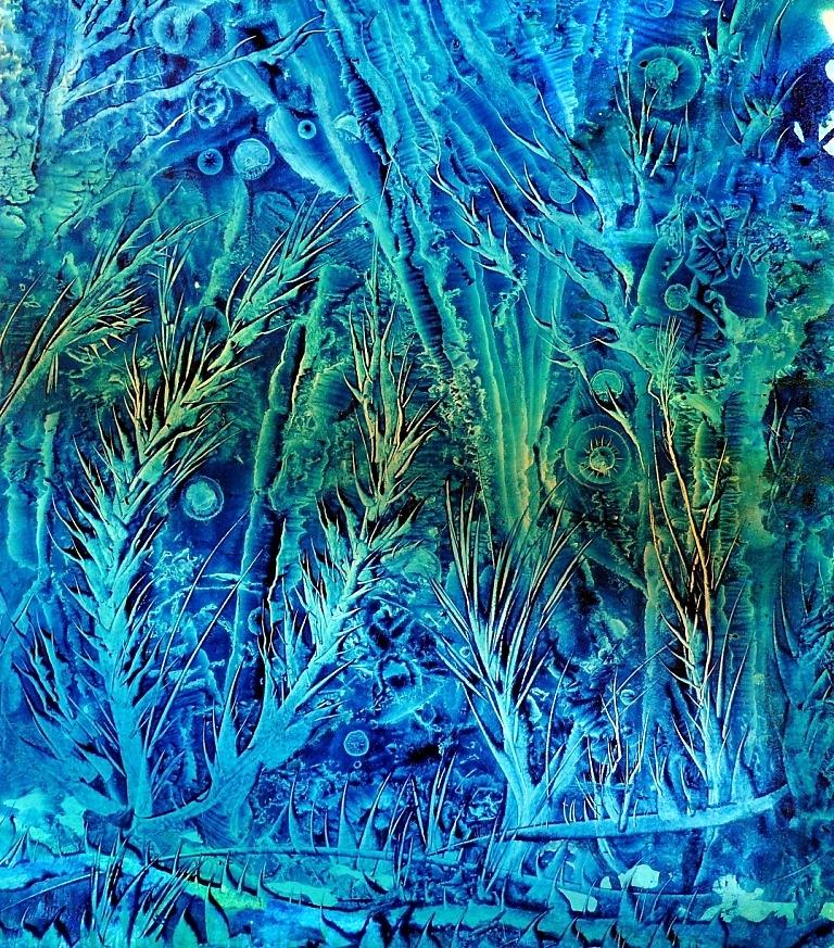 Landscape Painting Ángel Luis Úbeda - Série Under The Sea N 27. beda. Paysage fantaisie à l'huile bleu-vert sous l'eau