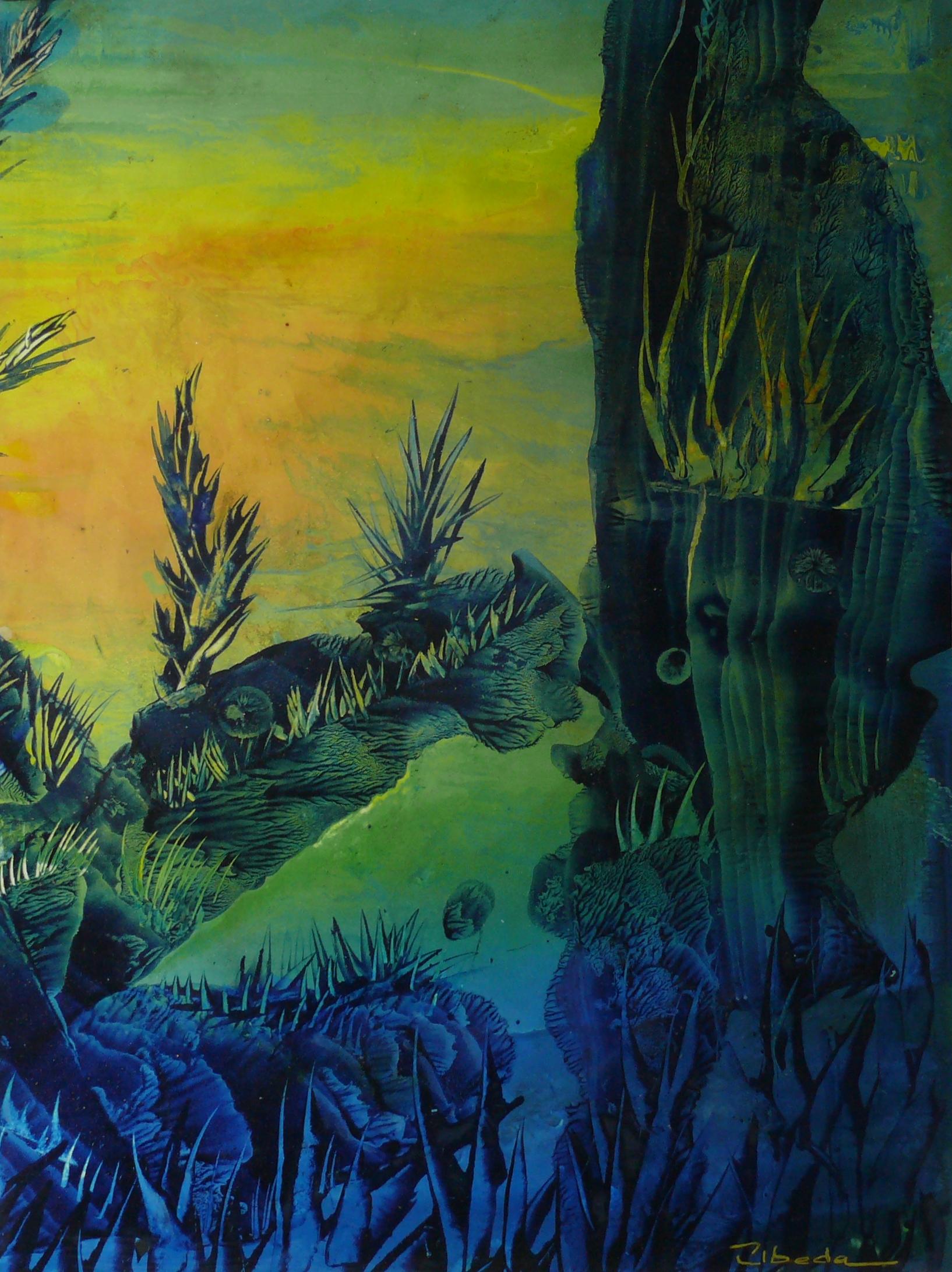 Sous la mer Série N 8. beda. Paysage fantastique à l'huile sous-marin. - Painting de Ángel Luis Úbeda