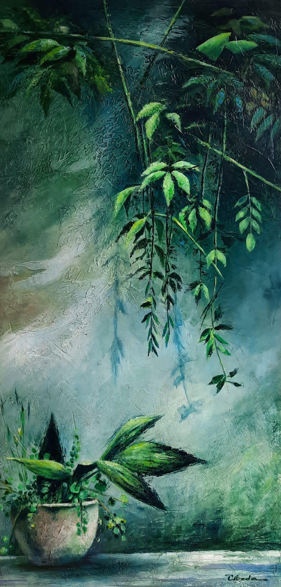 Waterfall in green. Garden landscape. Modern acrylic figurative painting. - Painting by Ángel Luis Úbeda