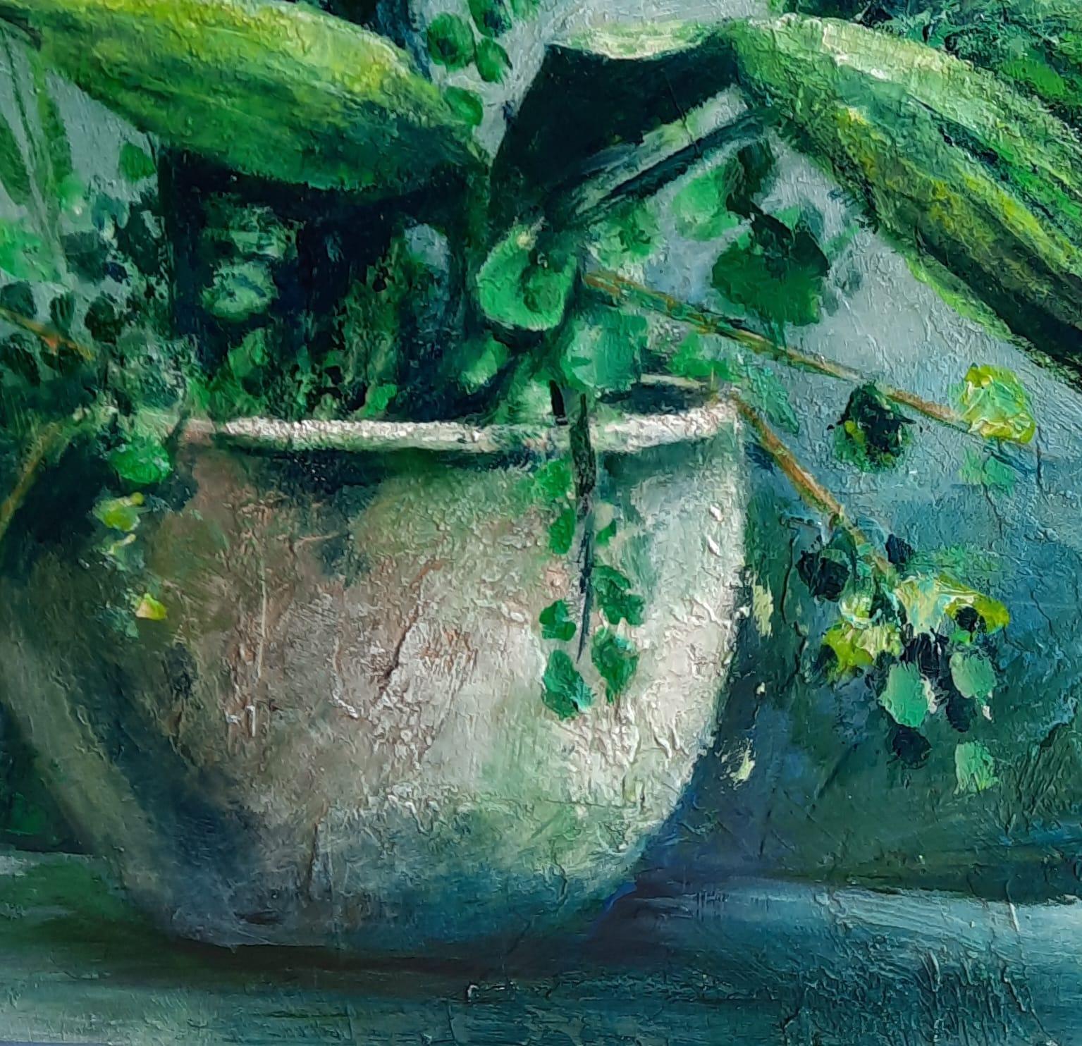 Cascada en verde. Paisaje de jardín. Pintura figurativa acrílica moderna. - Figurative Painting Azul de Ángel Luis Úbeda