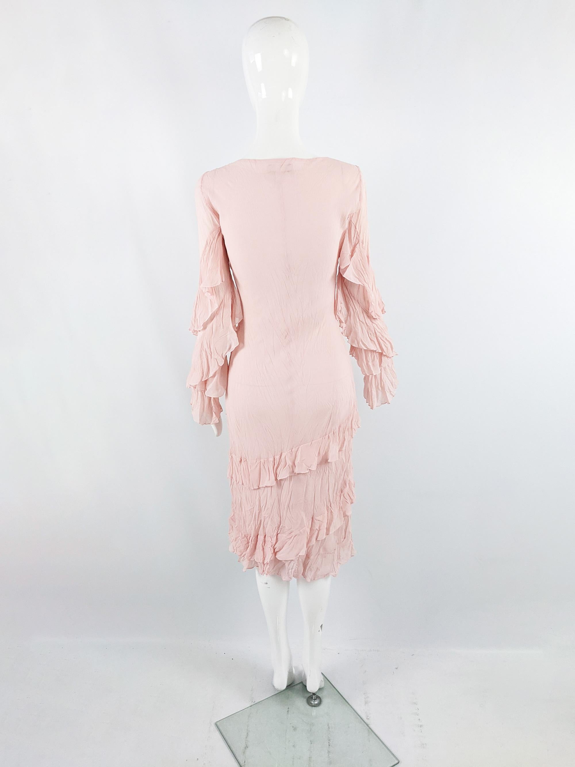 Angel Nina Paris Vintage y2k Pastellrosa gerafftes langärmeliges Kleid mit Rüschen im Angebot 4