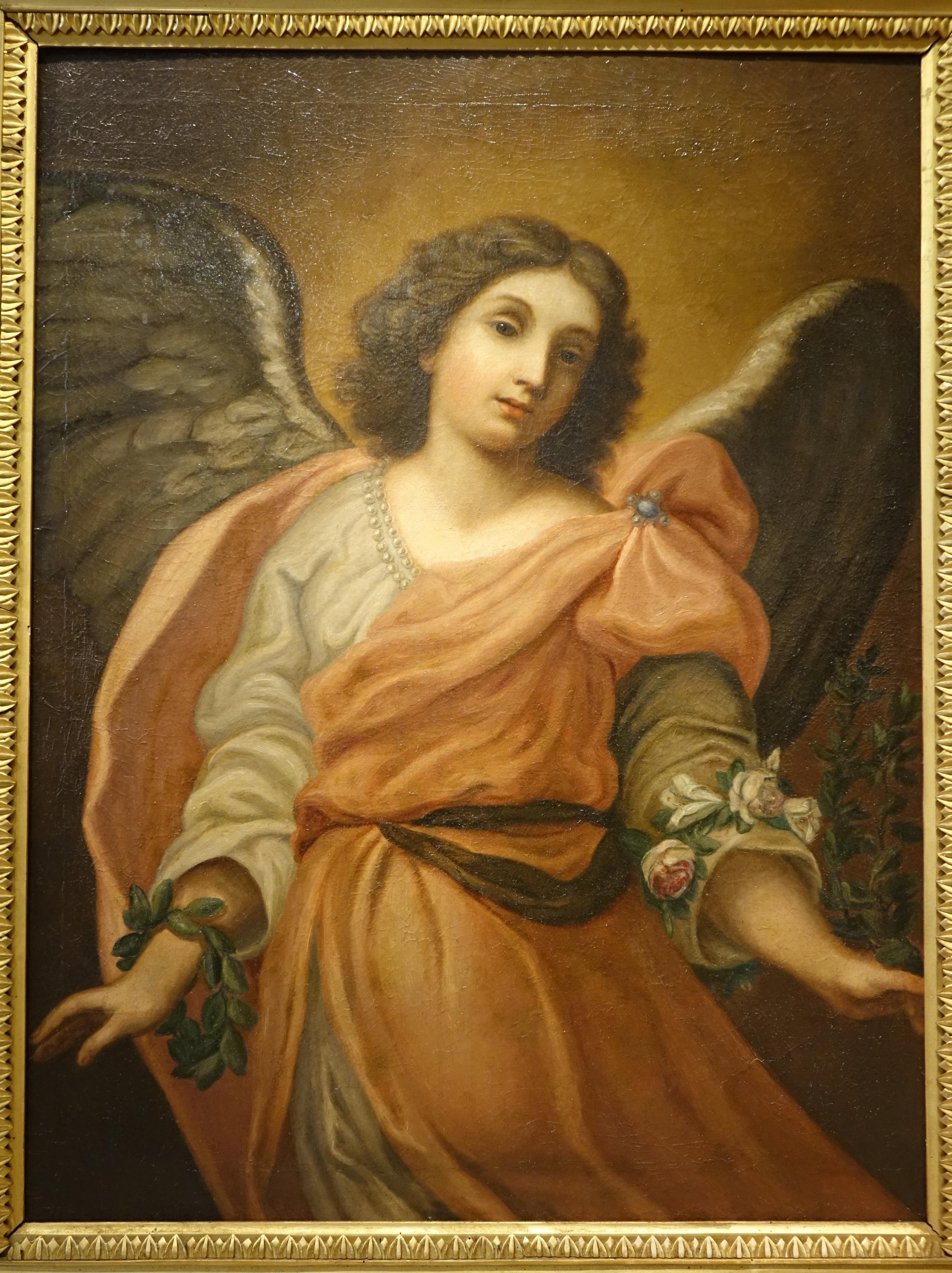 Oil on canvas depicting the Angel of the Annunciation.
Sent by God, the angel Gabriel announces to Mary that she will conceive a son of the Holy Spirit, whom she will name Jesus (Luke 1:26-38).
He wears a wreath of roses and an olive branch in his