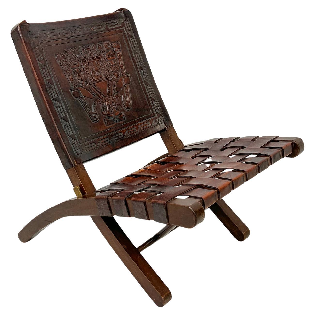 Angel Pazmiño "Butterfly" Folding Chair, Tooled Leather and Mahogany, 1960's For Sale