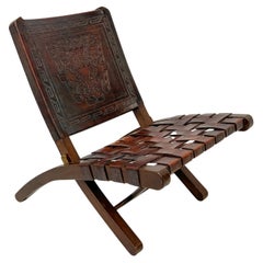 Angel Pazmiño "Butterfly" Folding Chair, Tooled Leather and Mahogany, 1960's