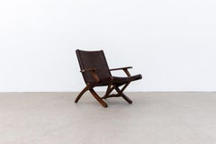 Angel Pazmino Dark Brown Tooled Leather Folding Arm Chair with Wood Frame