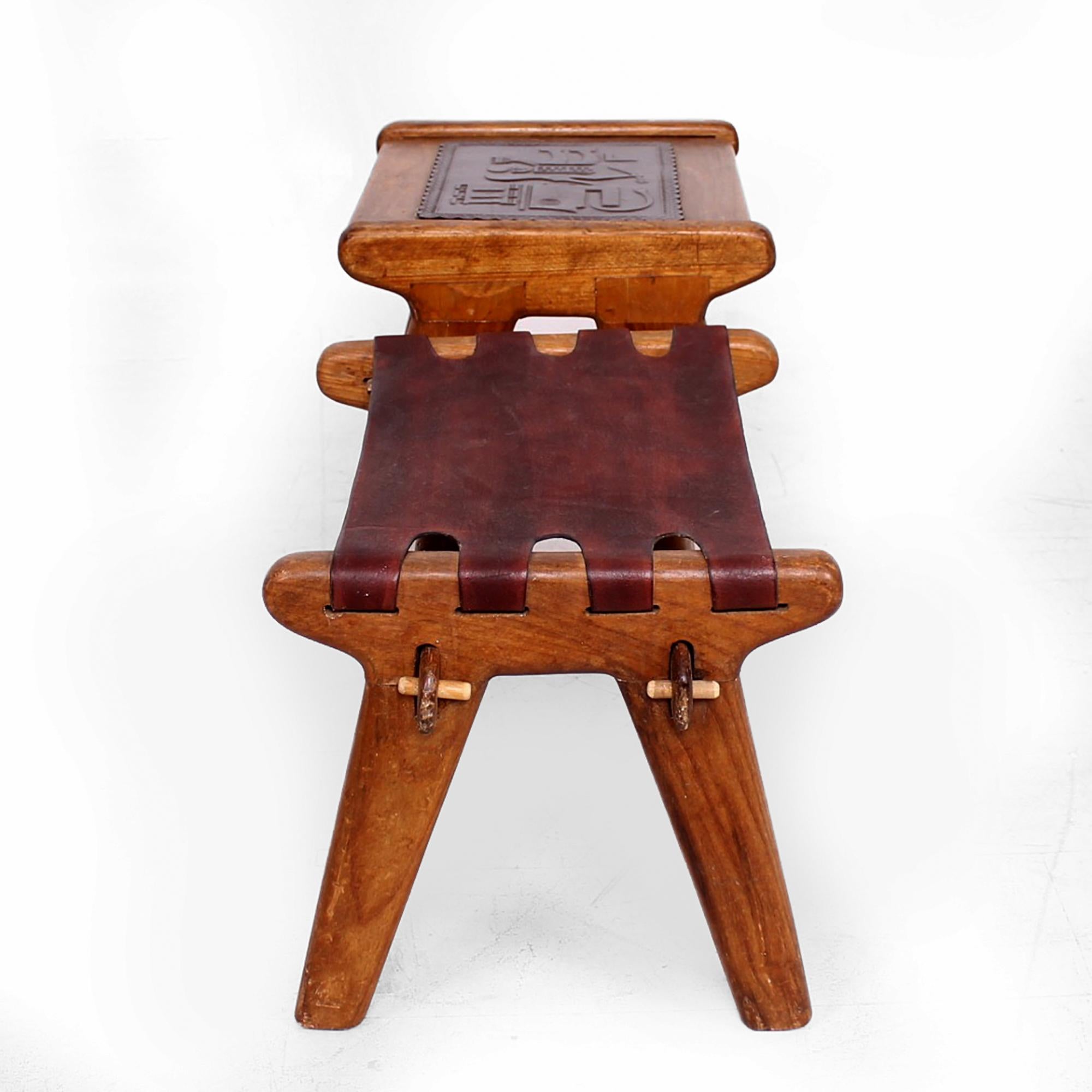 Mid-Century Modern Angel Pazmino Ecuadorian Gossip Bench Tooled Leather Stool with Solid Mahogany