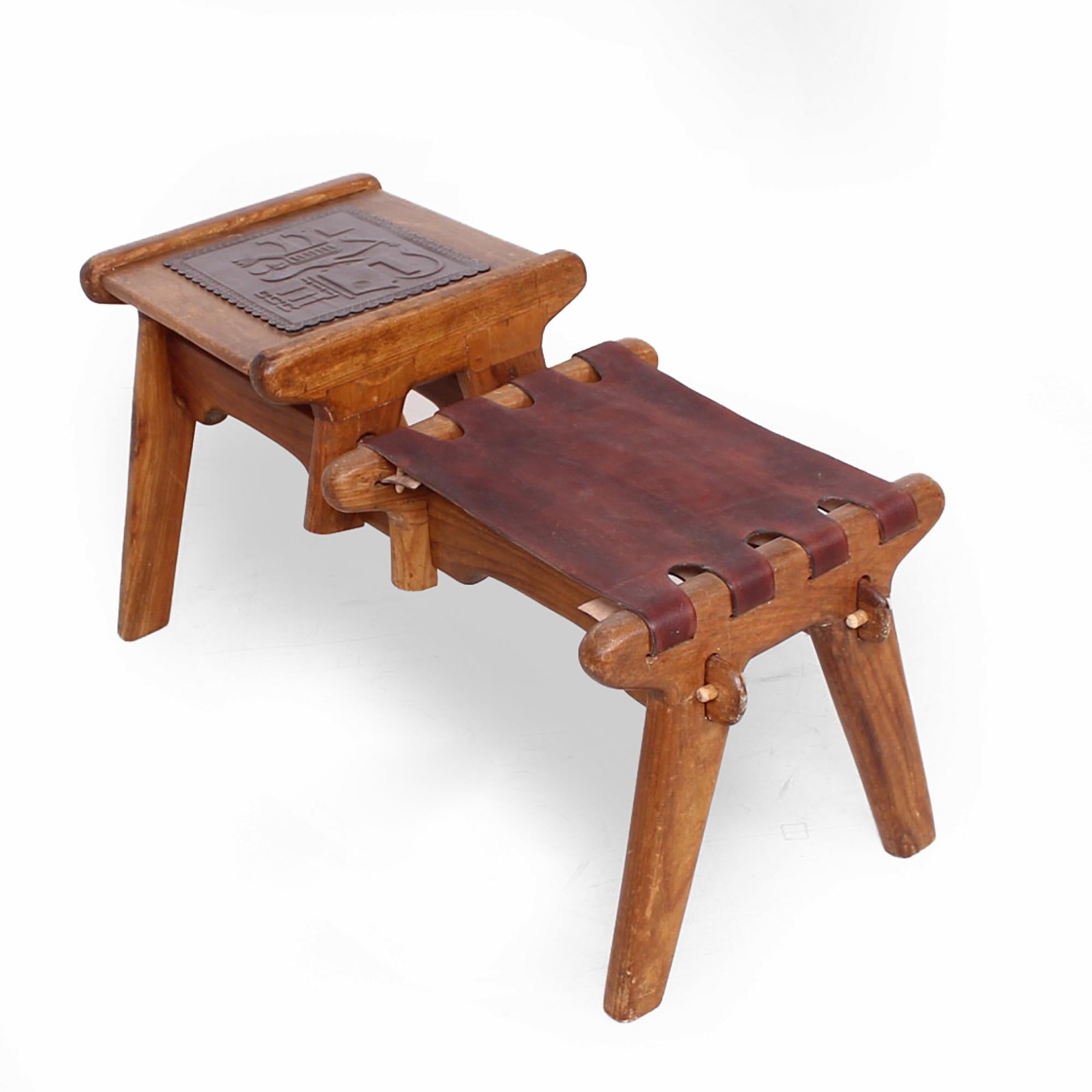 Ecuadorean Angel Pazmino Ecuadorian Gossip Bench Tooled Leather Stool with Solid Mahogany