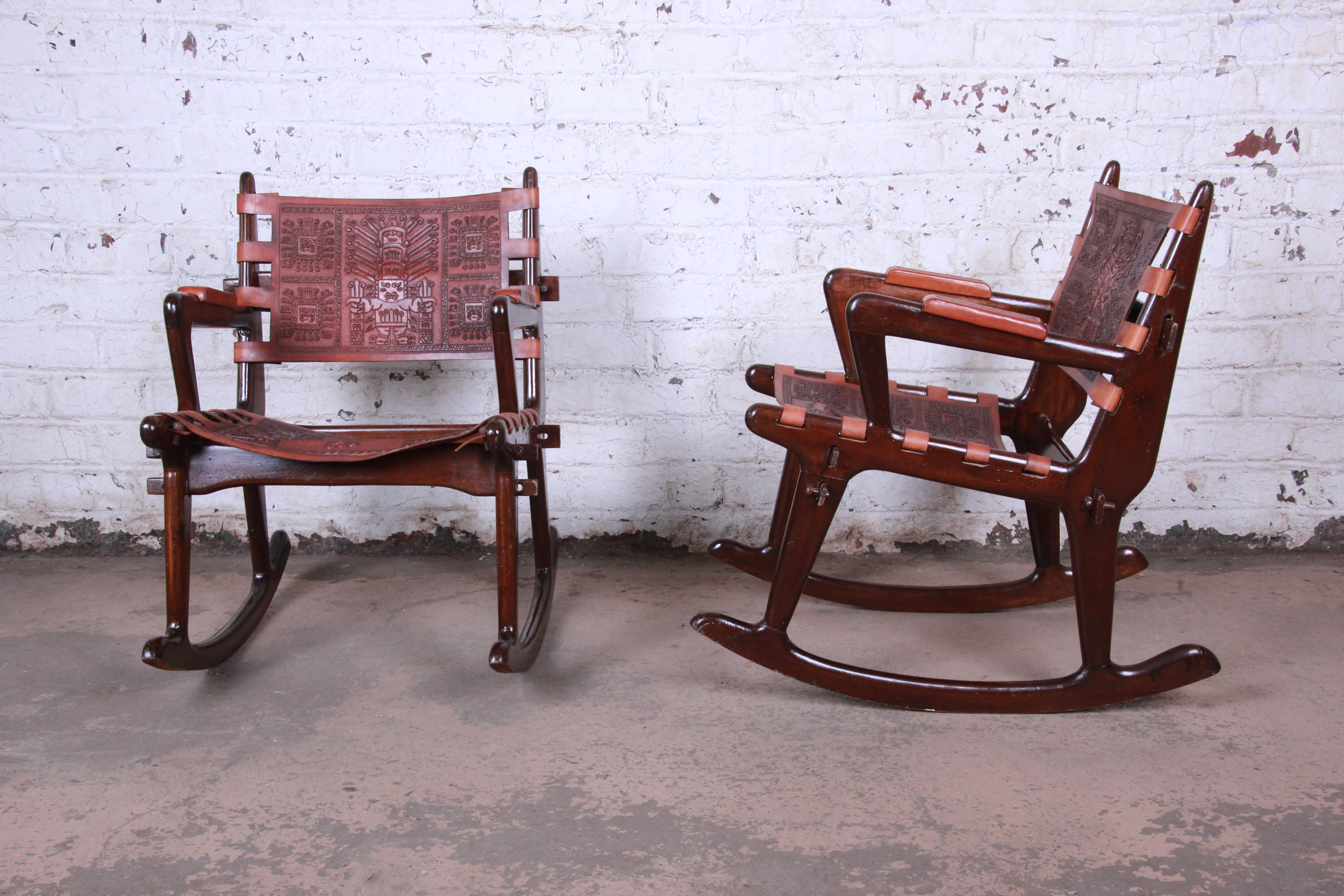 Mid-Century Modern Angel Pazmino Ecuadorian Wood and Leather Rocking Chairs, Pair