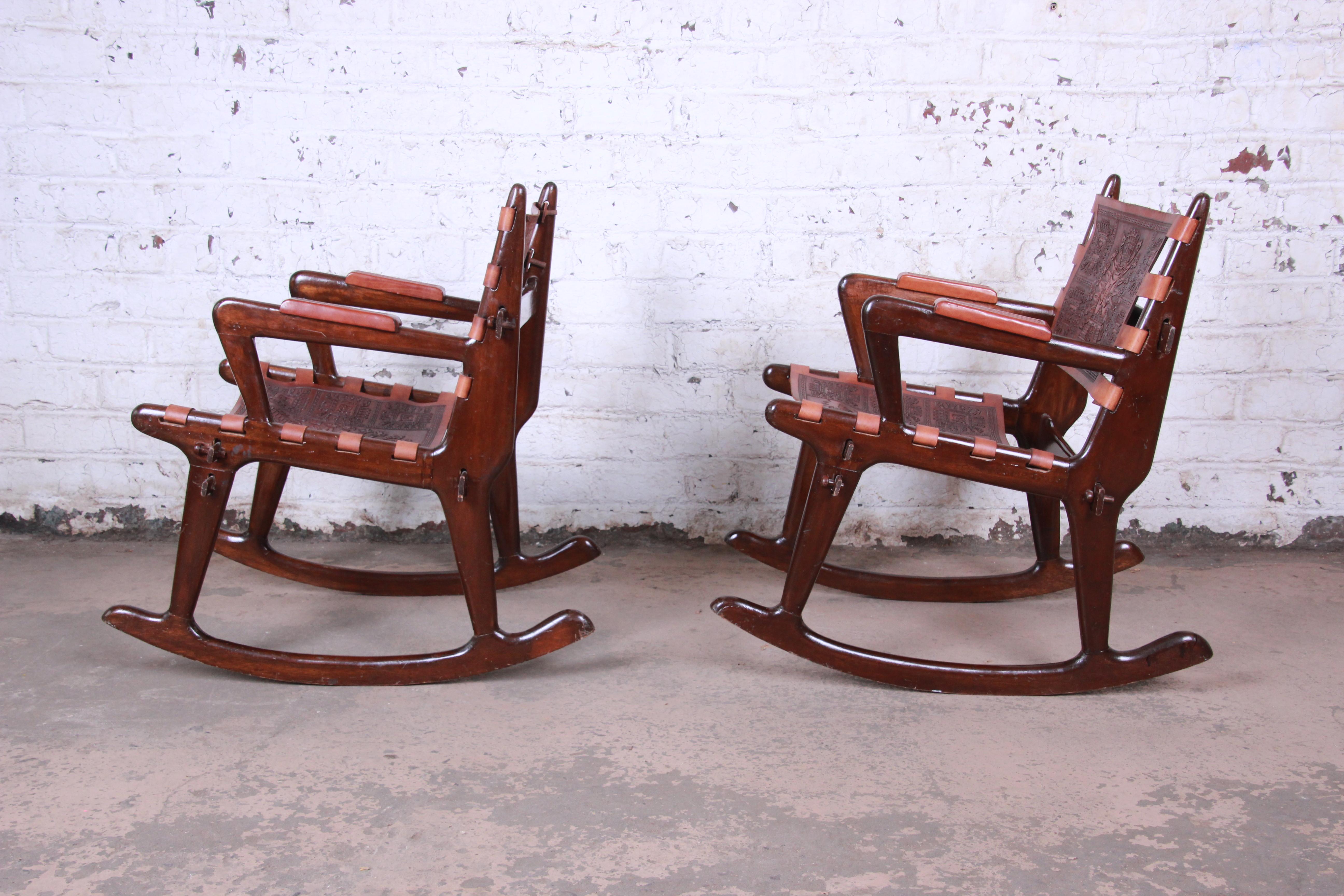 Ecuadorean Angel Pazmino Ecuadorian Wood and Leather Rocking Chairs, Pair