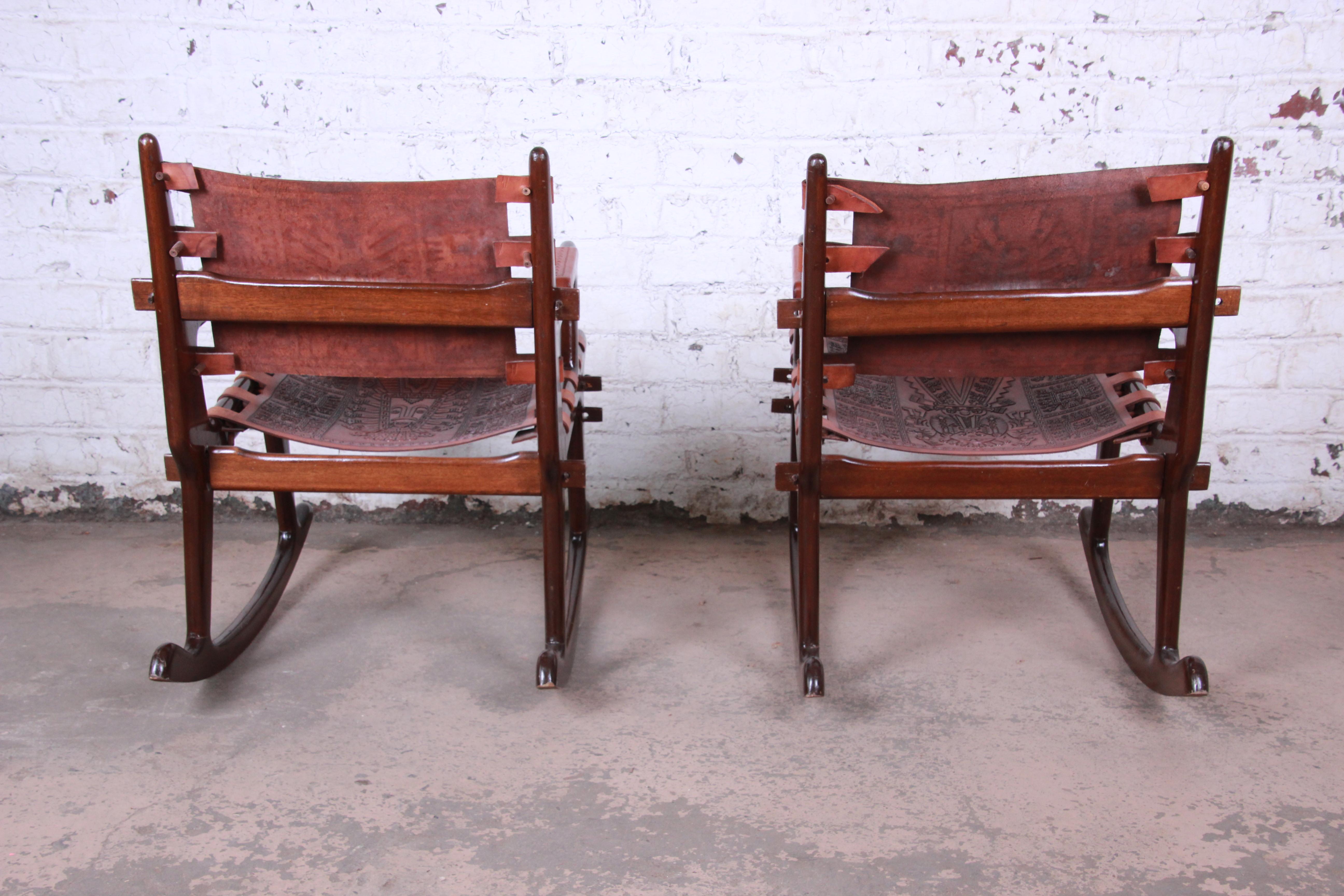 Angel Pazmino Ecuadorian Wood and Leather Rocking Chairs, Pair In Good Condition In South Bend, IN