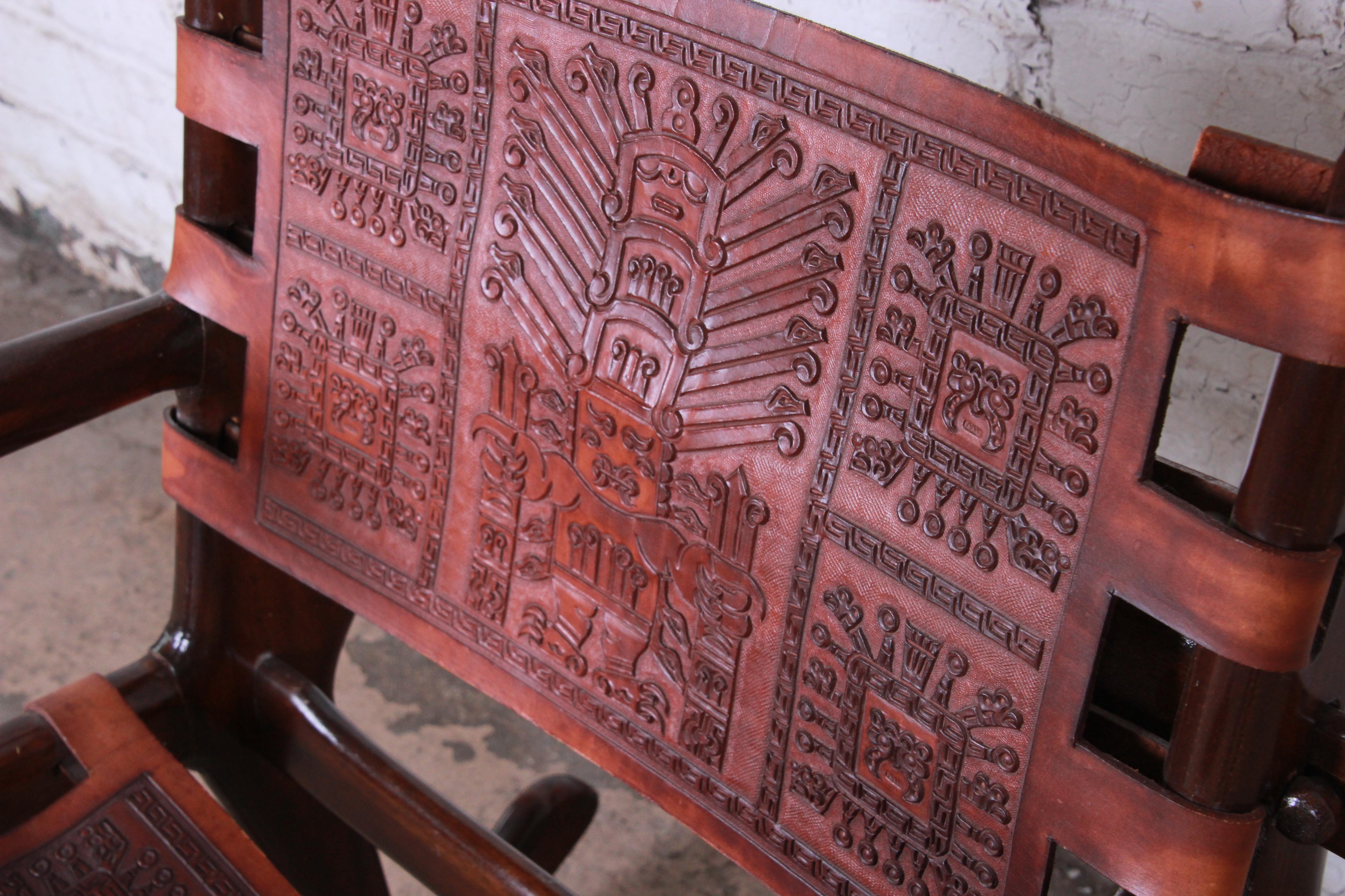 Mid-20th Century Angel Pazmino Ecuadorian Wood and Leather Rocking Chairs, Pair