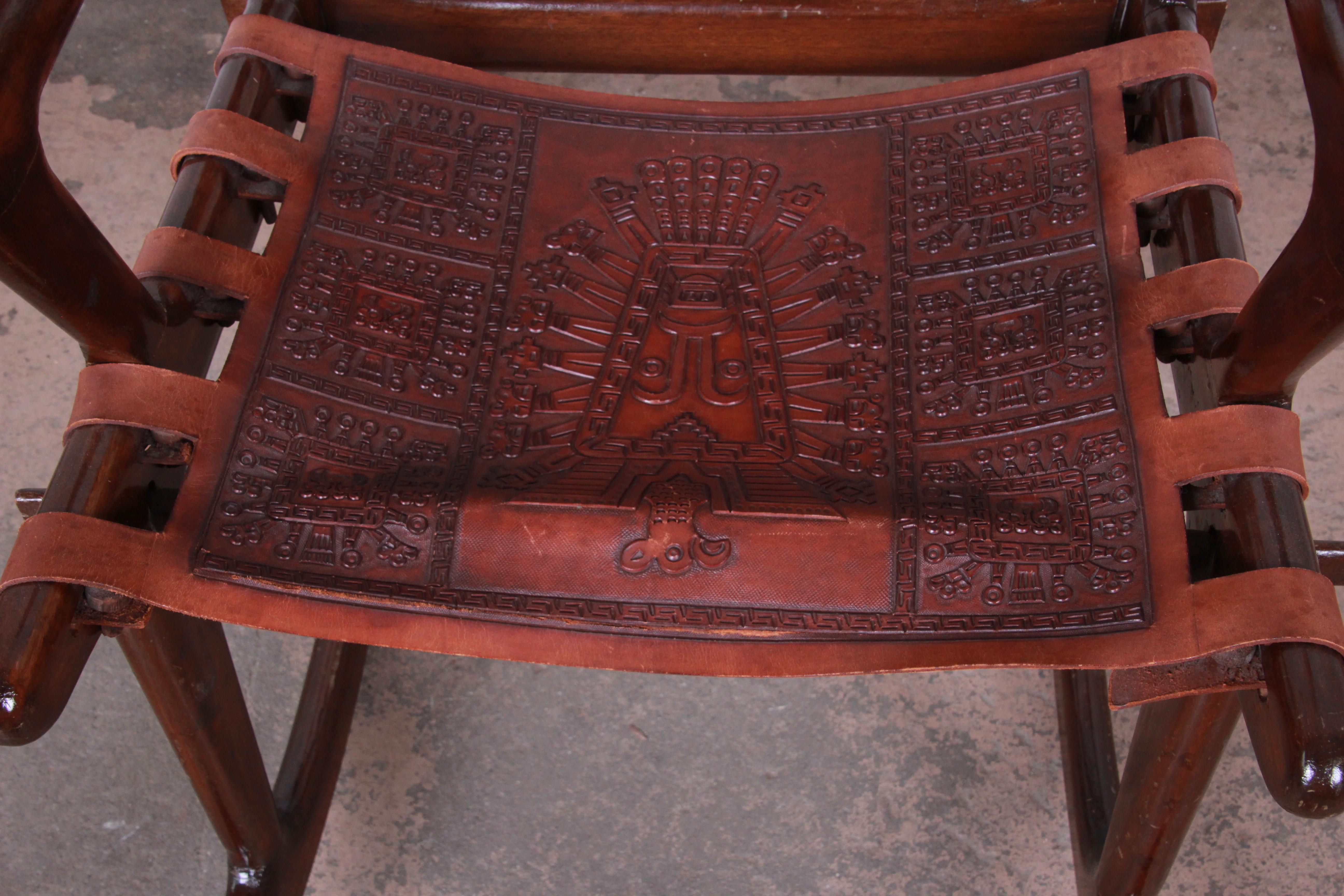 Angel Pazmino Ecuadorian Wood and Leather Rocking Chairs, Pair 2