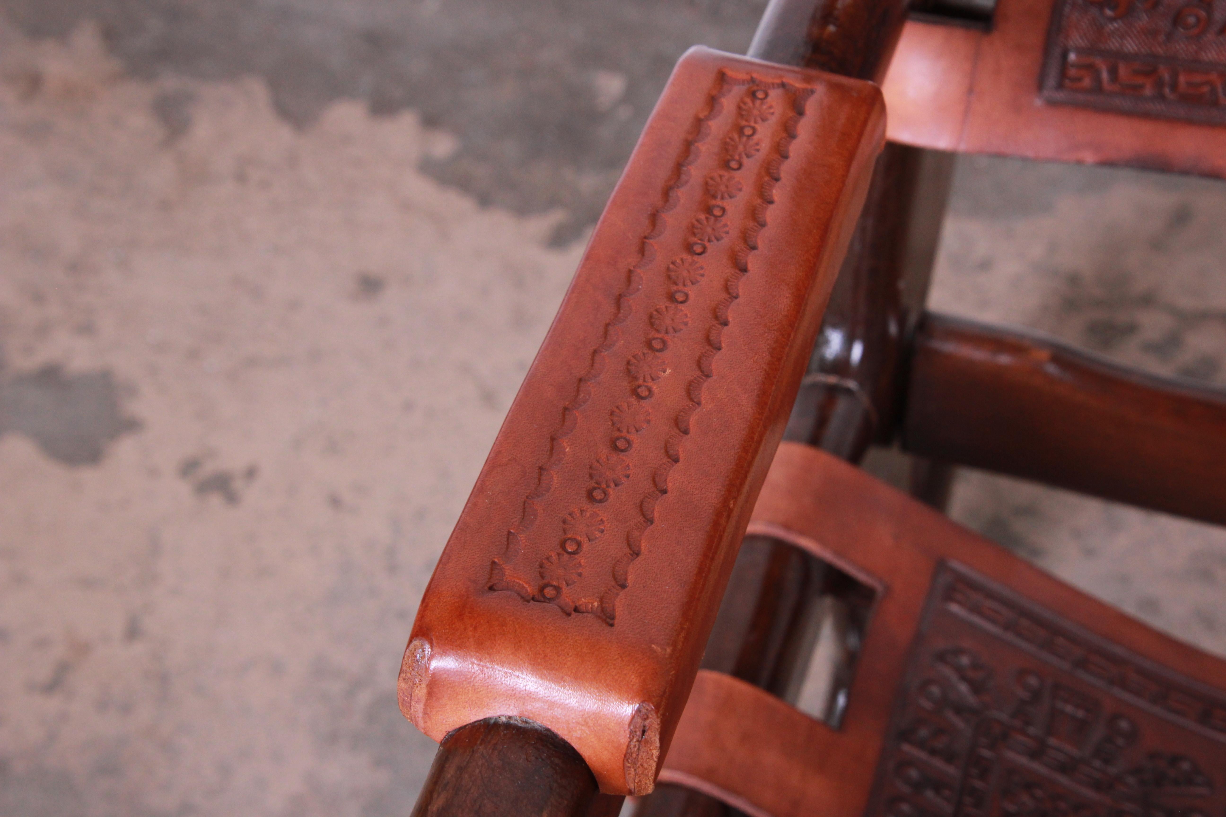 Angel Pazmino Ecuadorian Wood and Leather Rocking Chairs, Pair 3