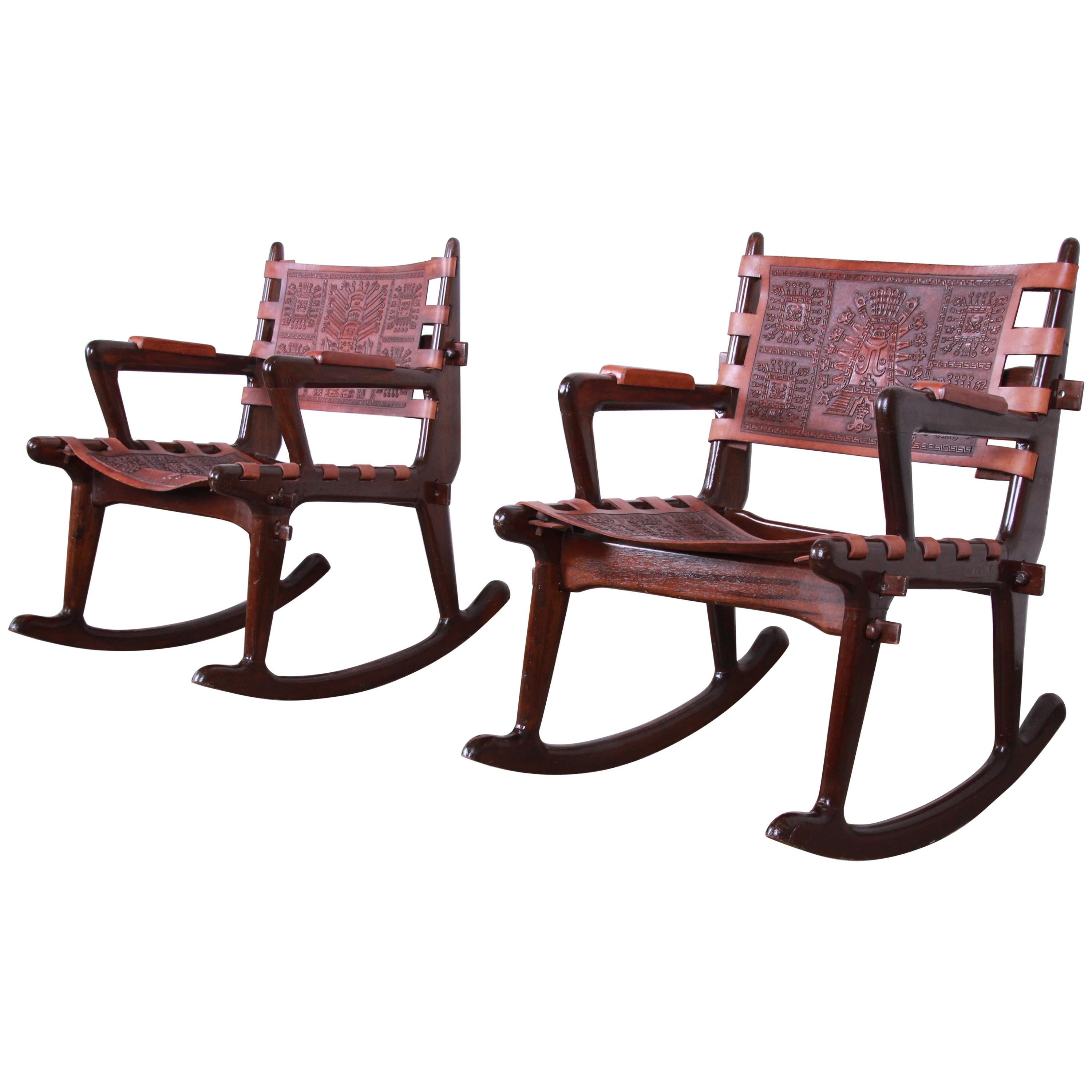 Angel Pazmino Ecuadorian Wood and Leather Rocking Chairs, Pair