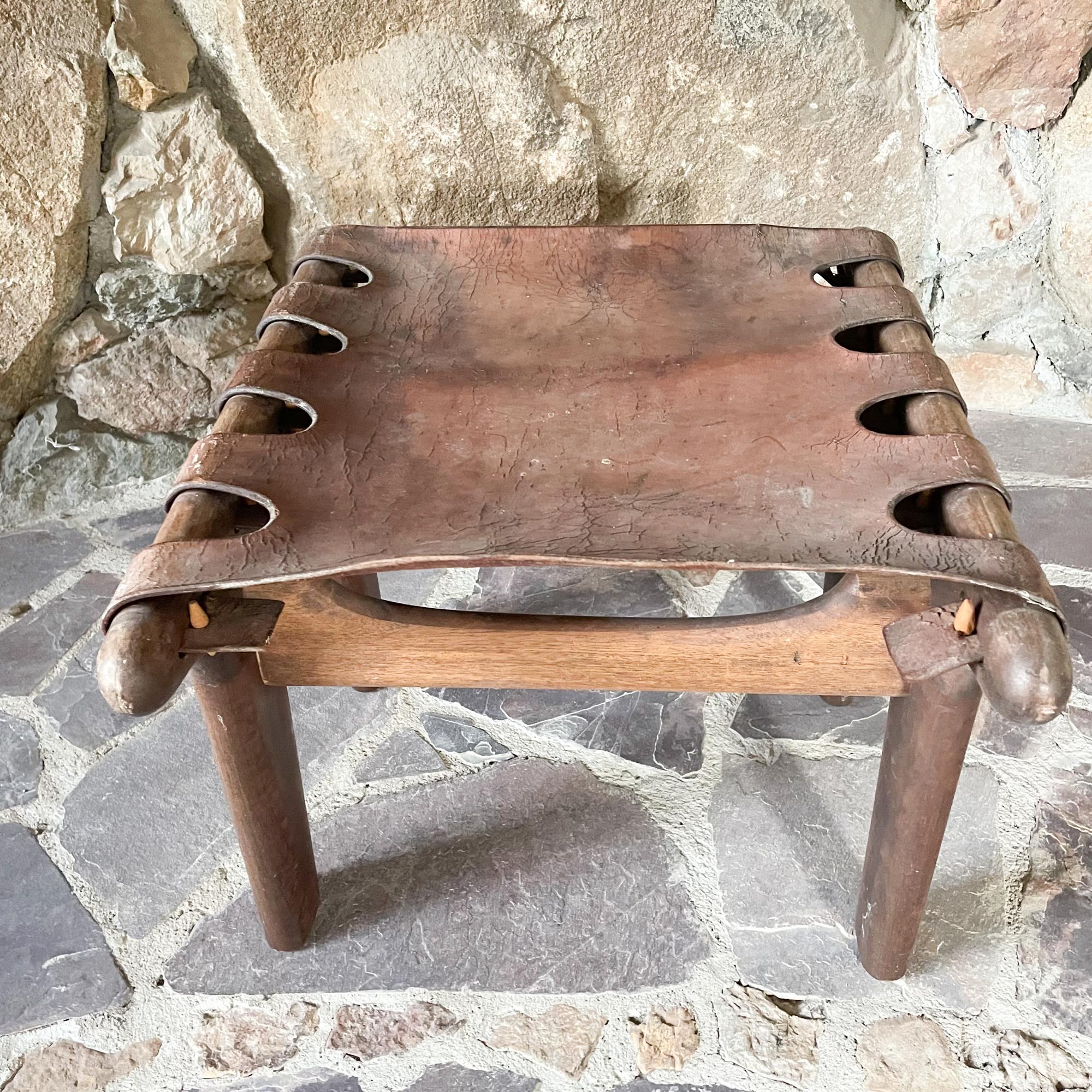 Angel Pazmino Fabulous Vintage Footrest Wood Stool Leather Straps Ecuador 1960s 4