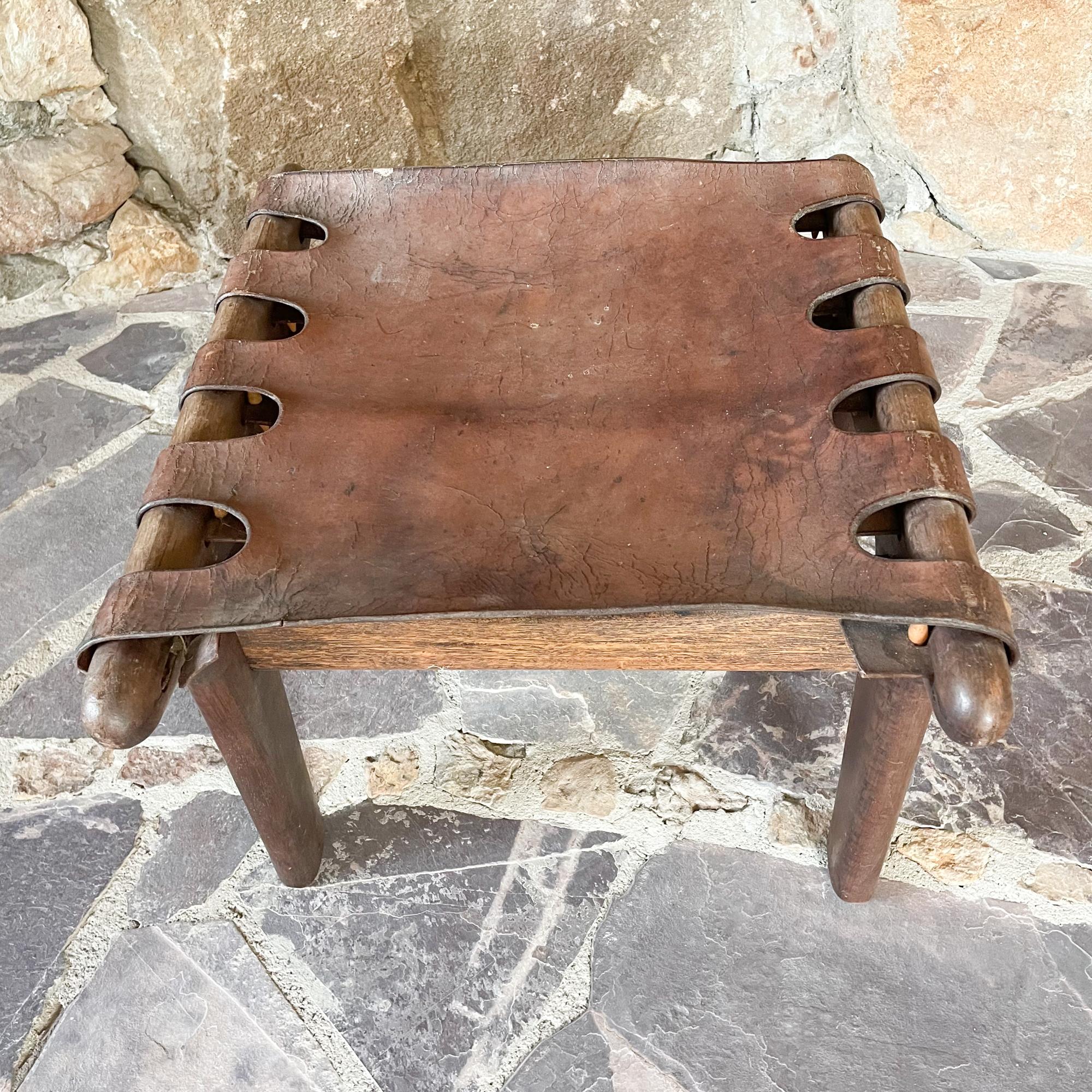 Angel Pazmino Fabulous Vintage Footrest Wood Stool Leather Straps Ecuador 1960s In Good Condition In Chula Vista, CA