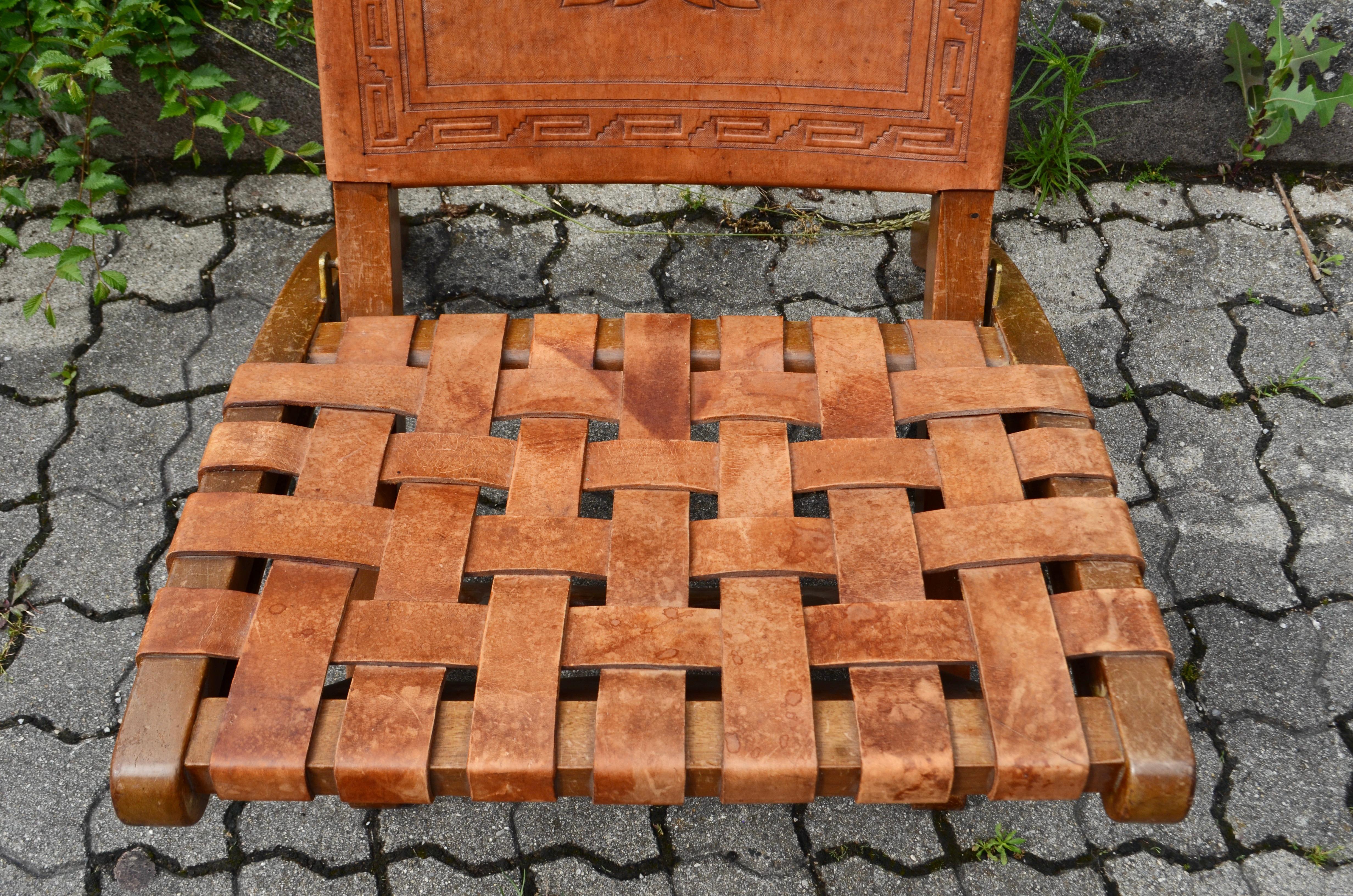 Ecuadorean Angel Pazmino Folding  Cognac Leather Lounge Chair for Muebles de Estilo For Sale