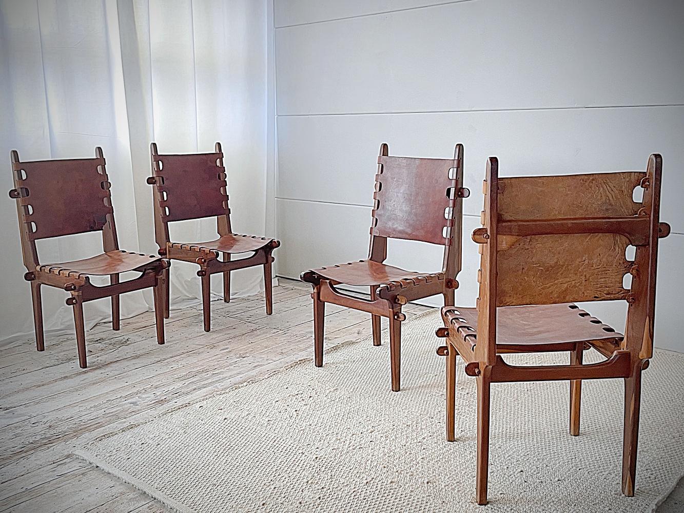 Teak Angel Pazmino for Muebles De Estilo Chairs, Rosewood & Leather, 1960s, Ecuador For Sale