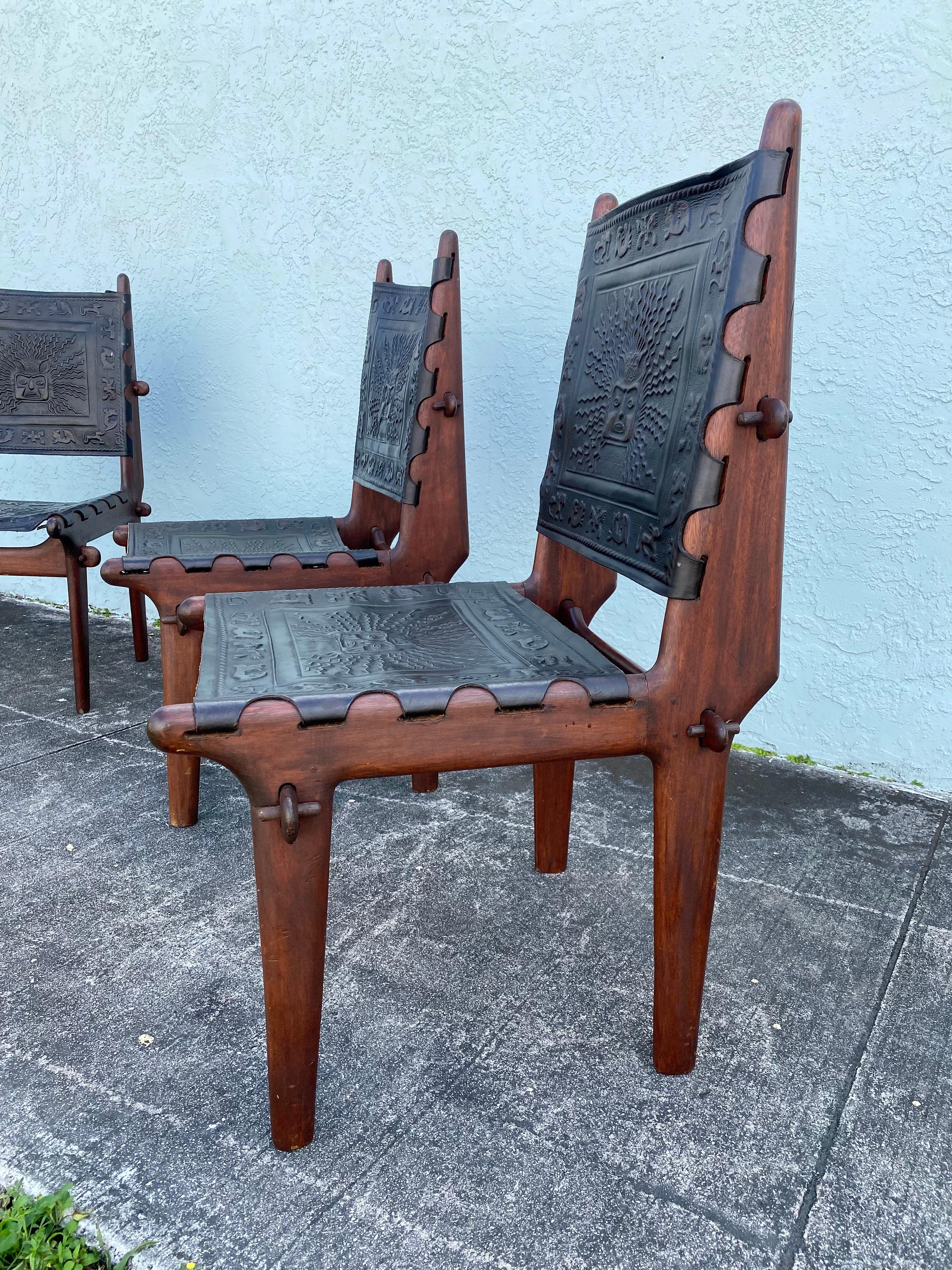 1960s Angelo Pazmino Muebles Wood Embossed Leather Sling Chairs, Set of 4 For Sale 4