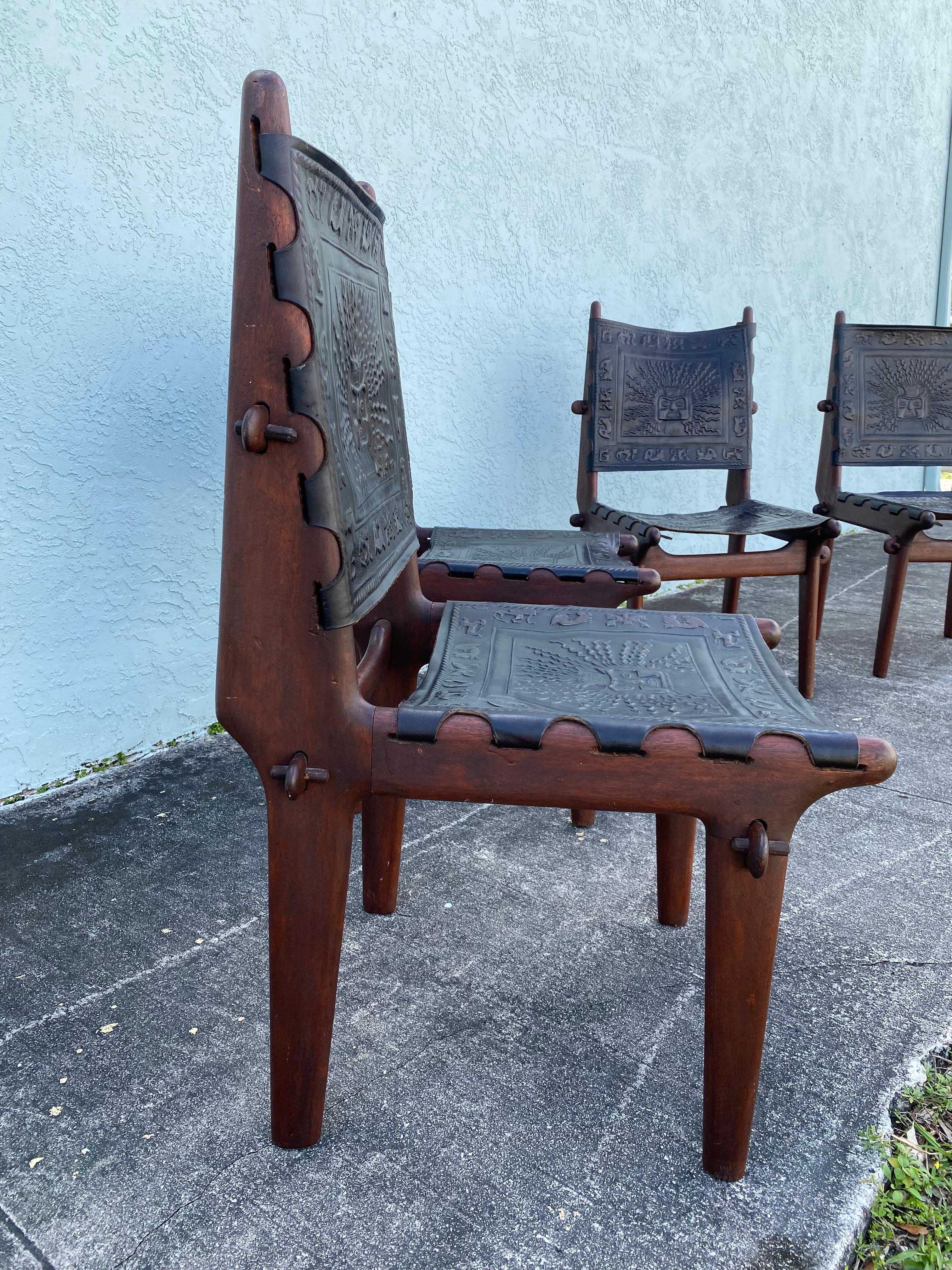 1960s Angelo Pazmino Muebles Wood Embossed Leather Sling Chairs, Set of 4 For Sale 5