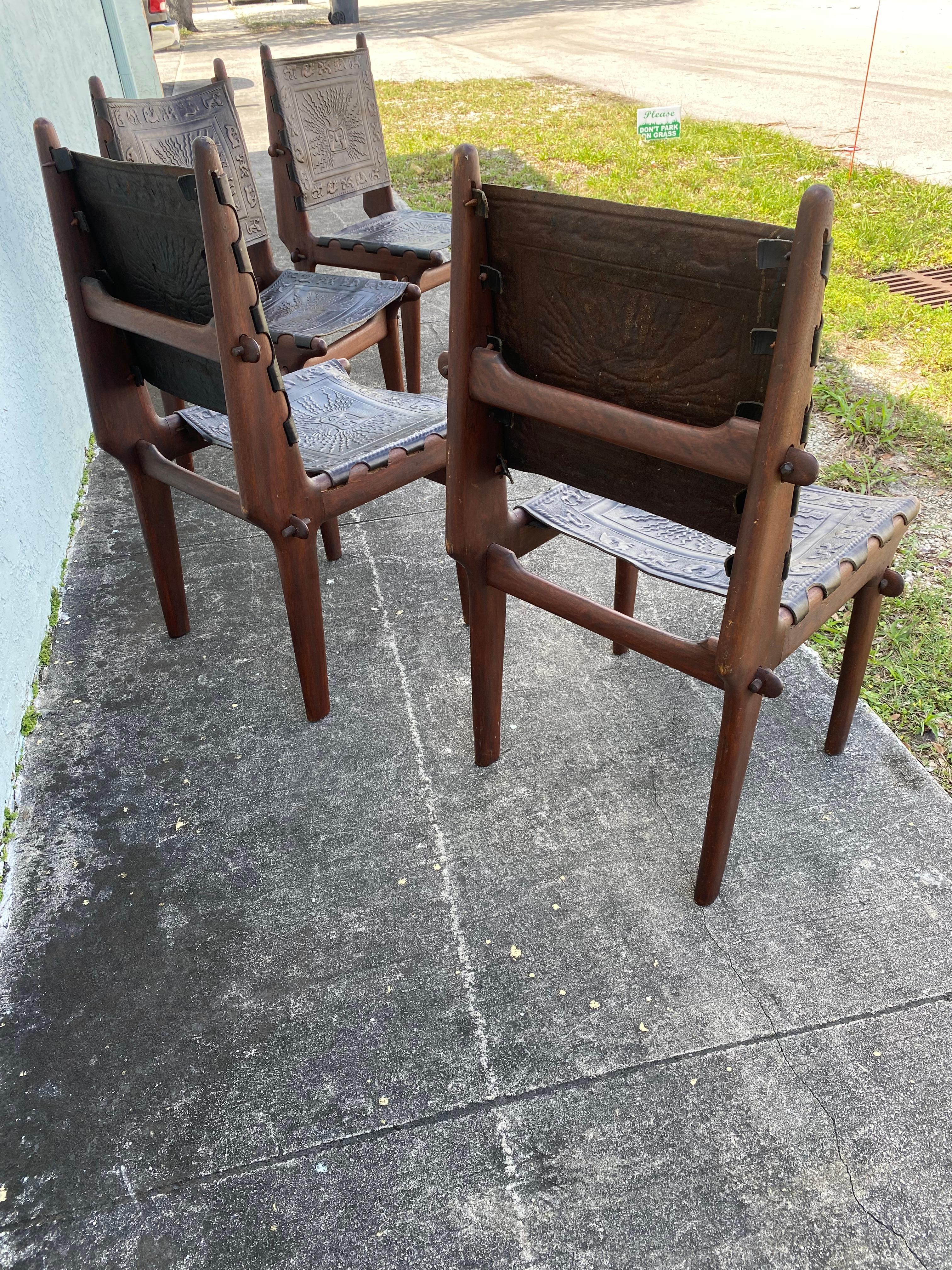 1960s Angelo Pazmino Muebles Wood Embossed Leather Sling Chairs, Set of 4 For Sale 6