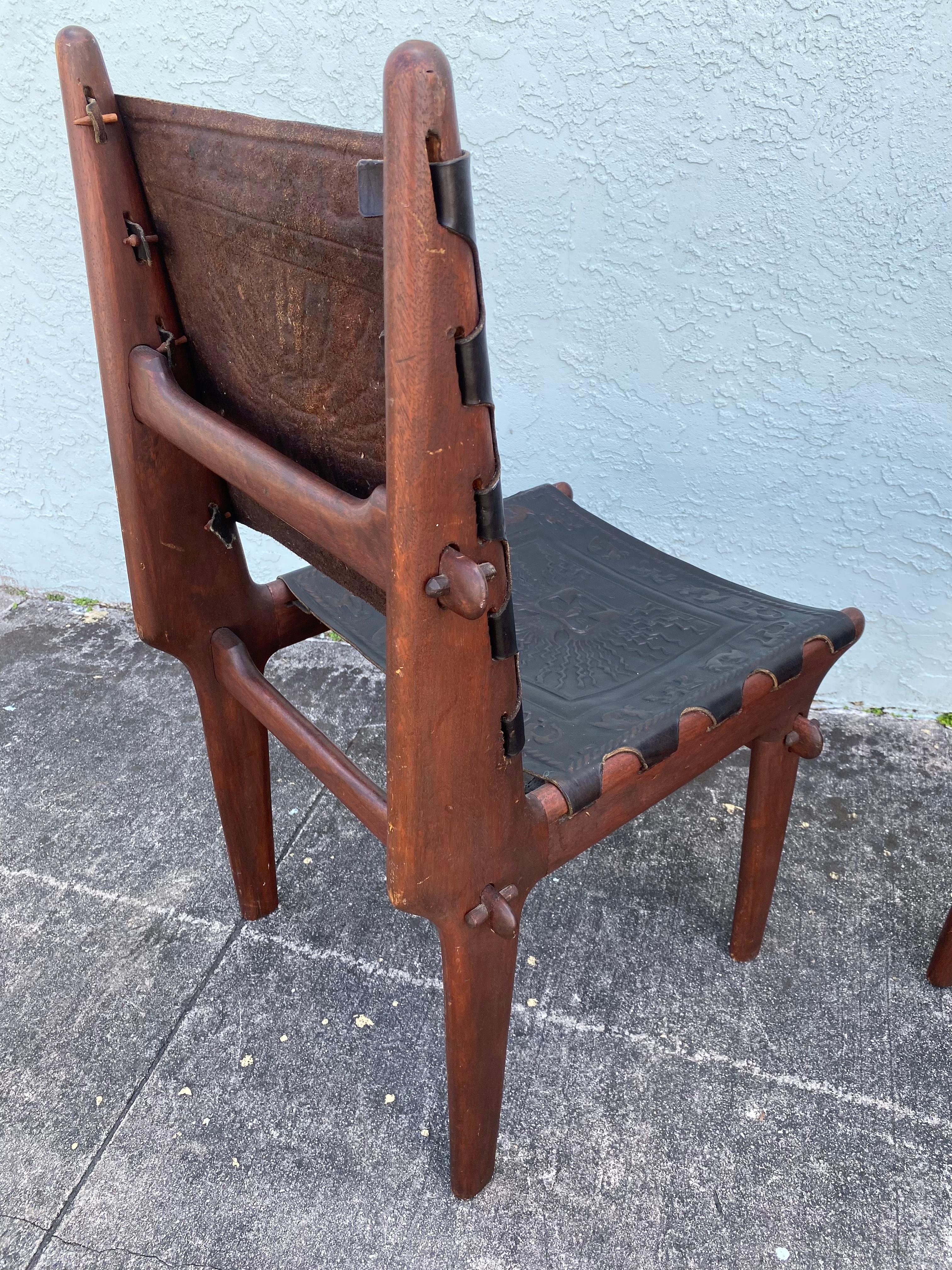 1960s Angelo Pazmino Muebles Wood Embossed Leather Sling Chairs, Set of 4 For Sale 7