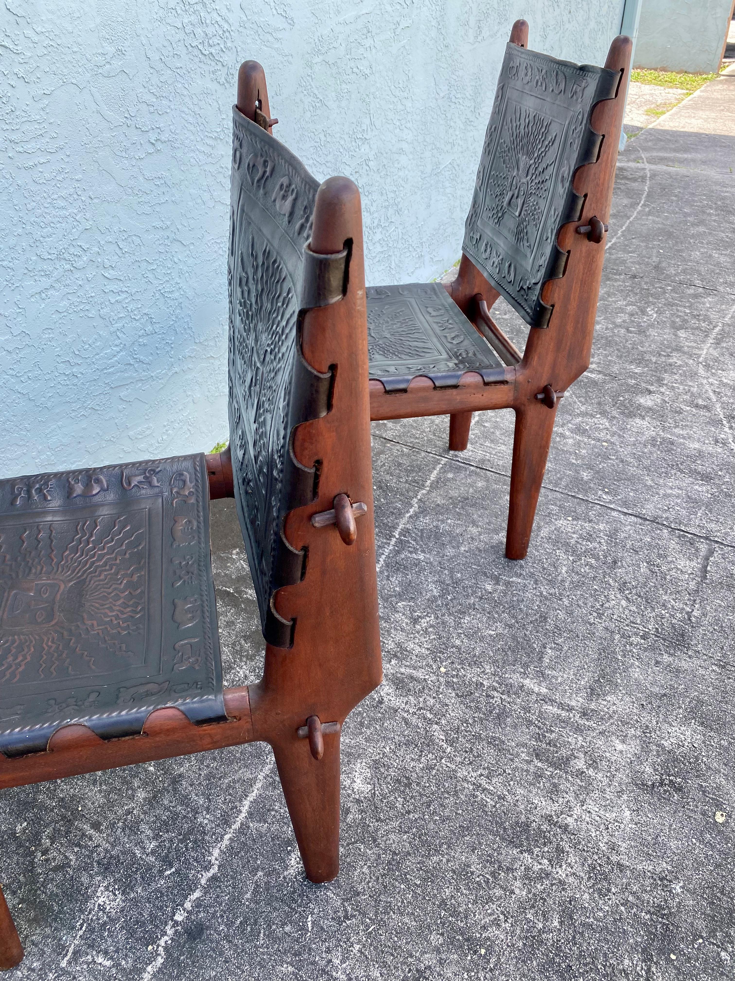 1960s Angelo Pazmino Muebles Wood Embossed Leather Sling Chairs, Set of 4 For Sale 8