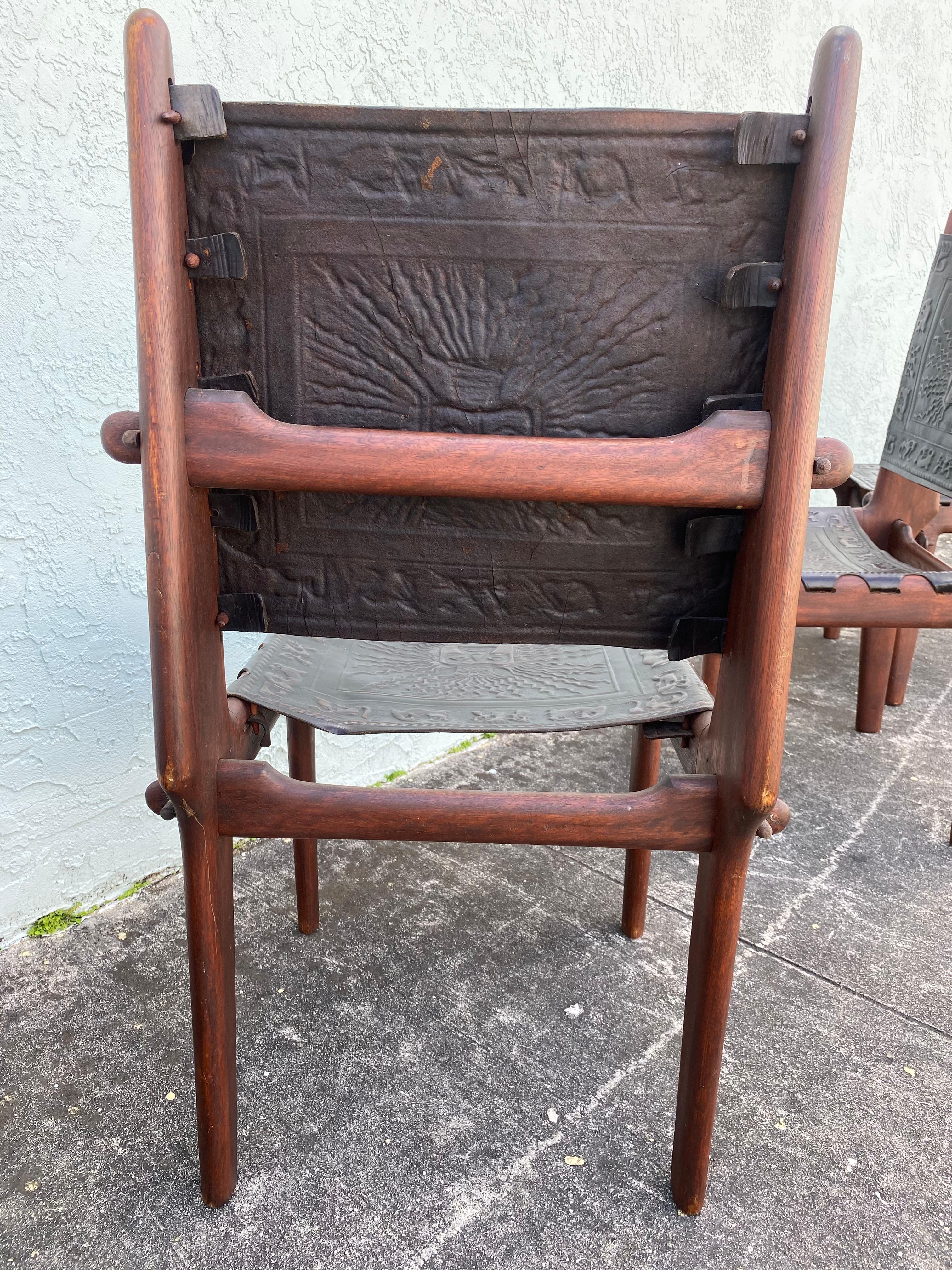 1960s Angelo Pazmino Muebles Wood Embossed Leather Sling Chairs, Set of 4 For Sale 9