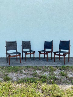 1960s Angelo Pazmino Muebles Wood Embossed Leather Sling Chairs, Set of 4