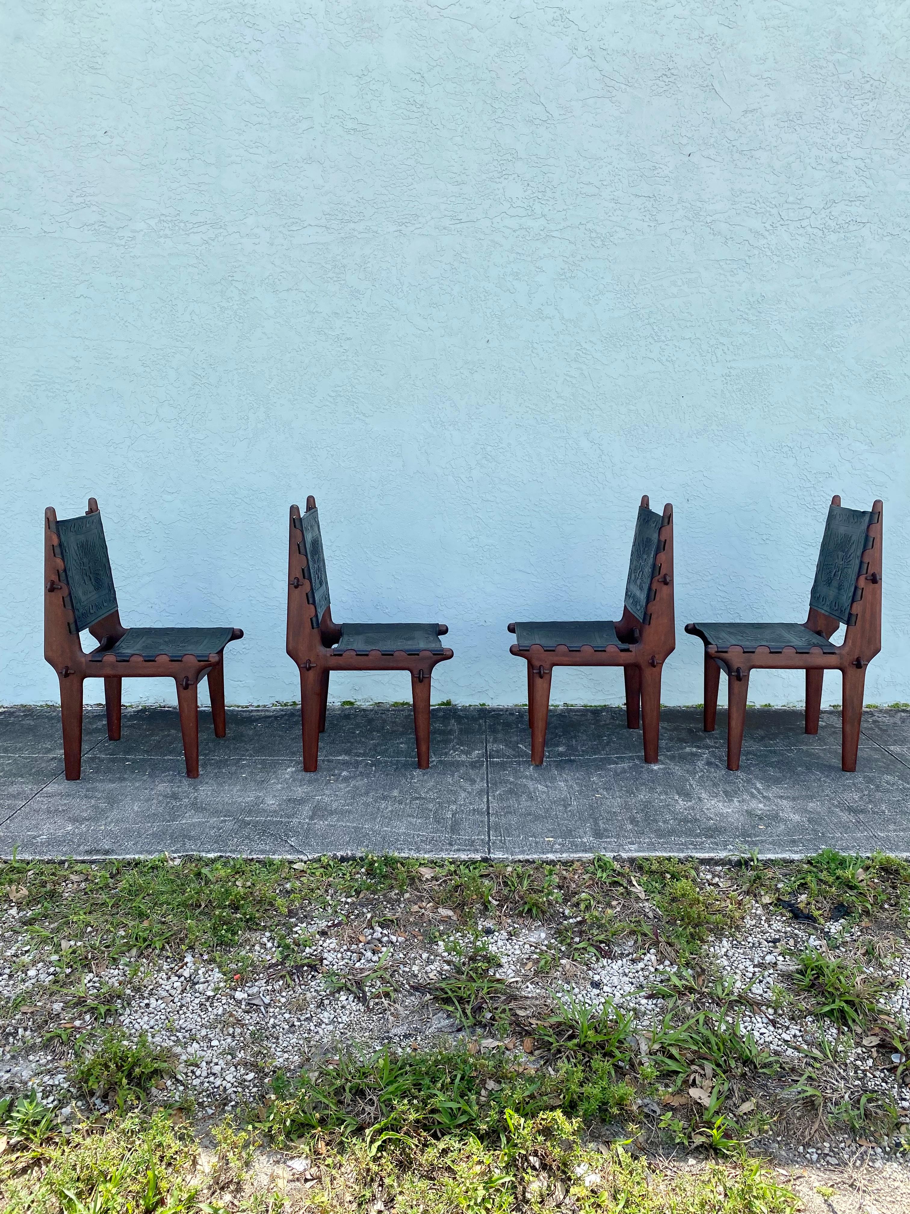 Ecuadorean 1960s Angelo Pazmino Muebles Wood Embossed Leather Sling Chairs, Set of 4 For Sale