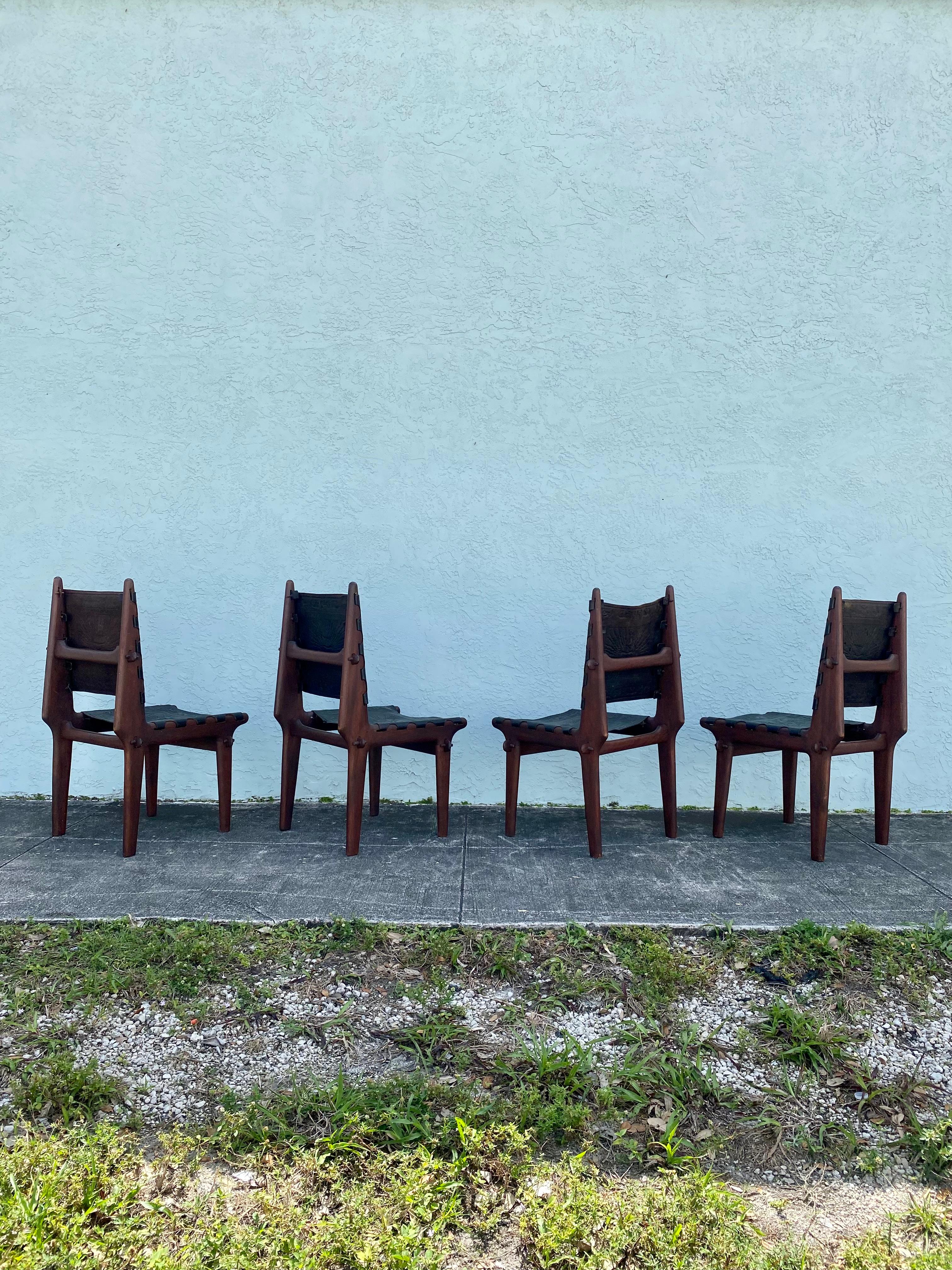 1960s Angelo Pazmino Muebles Wood Embossed Leather Sling Chairs, Set of 4 For Sale 1