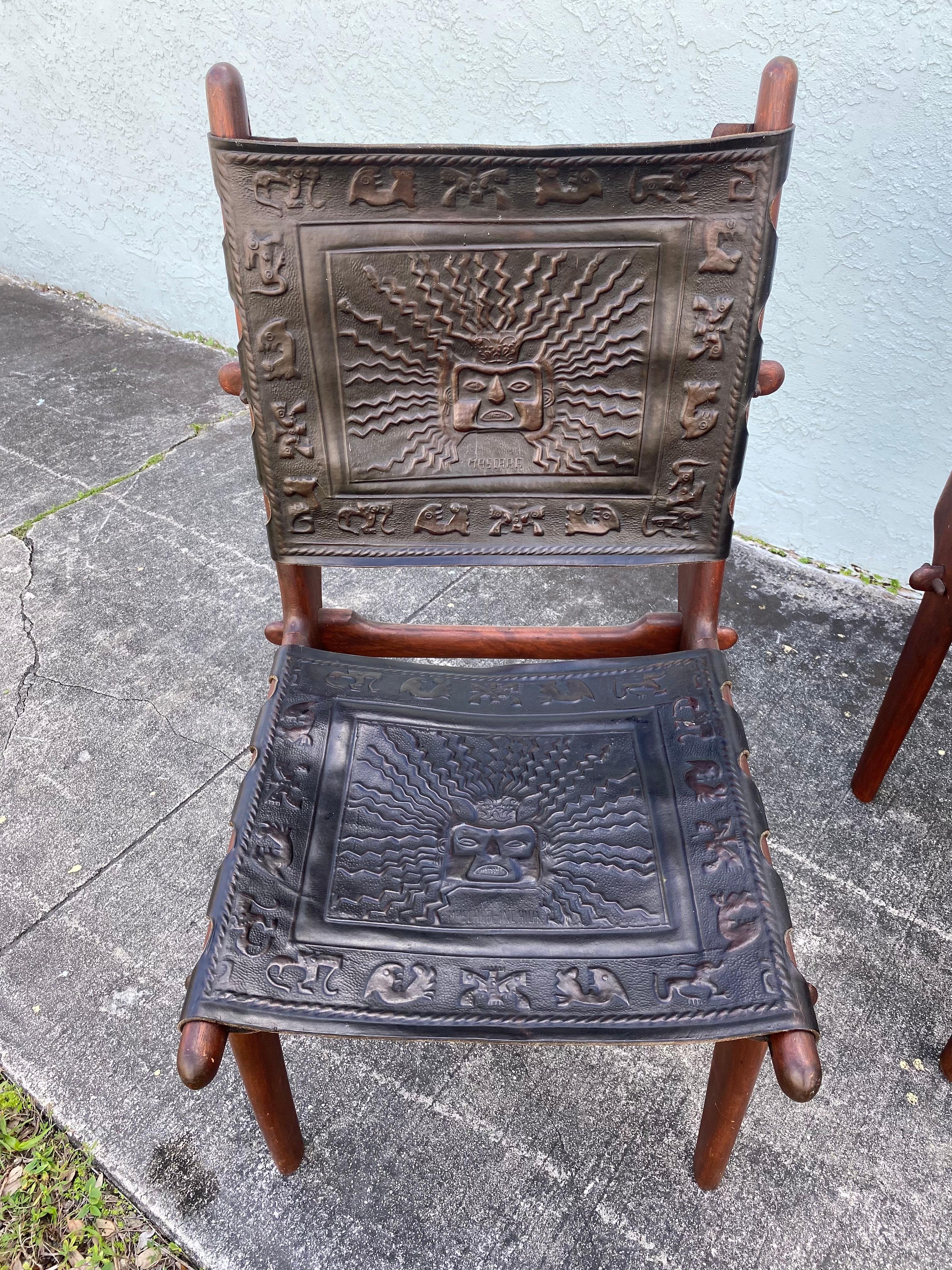 1960s Angelo Pazmino Muebles Wood Embossed Leather Sling Chairs, Set of 4 For Sale 3