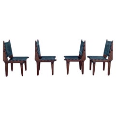 Retro 1960s Angelo Pazmino Muebles Wood Embossed Leather Sling Chairs, Set of 4