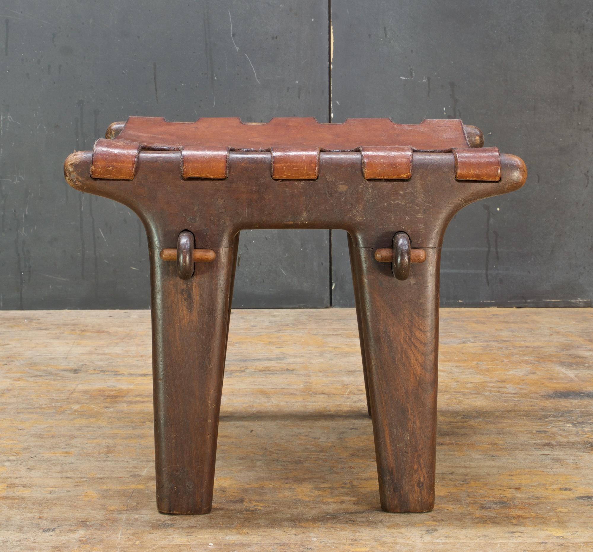 Mid-Century Modern Angel Pazmino Handcrafted Rustic Leather Native Ecuadorian Sling Stool