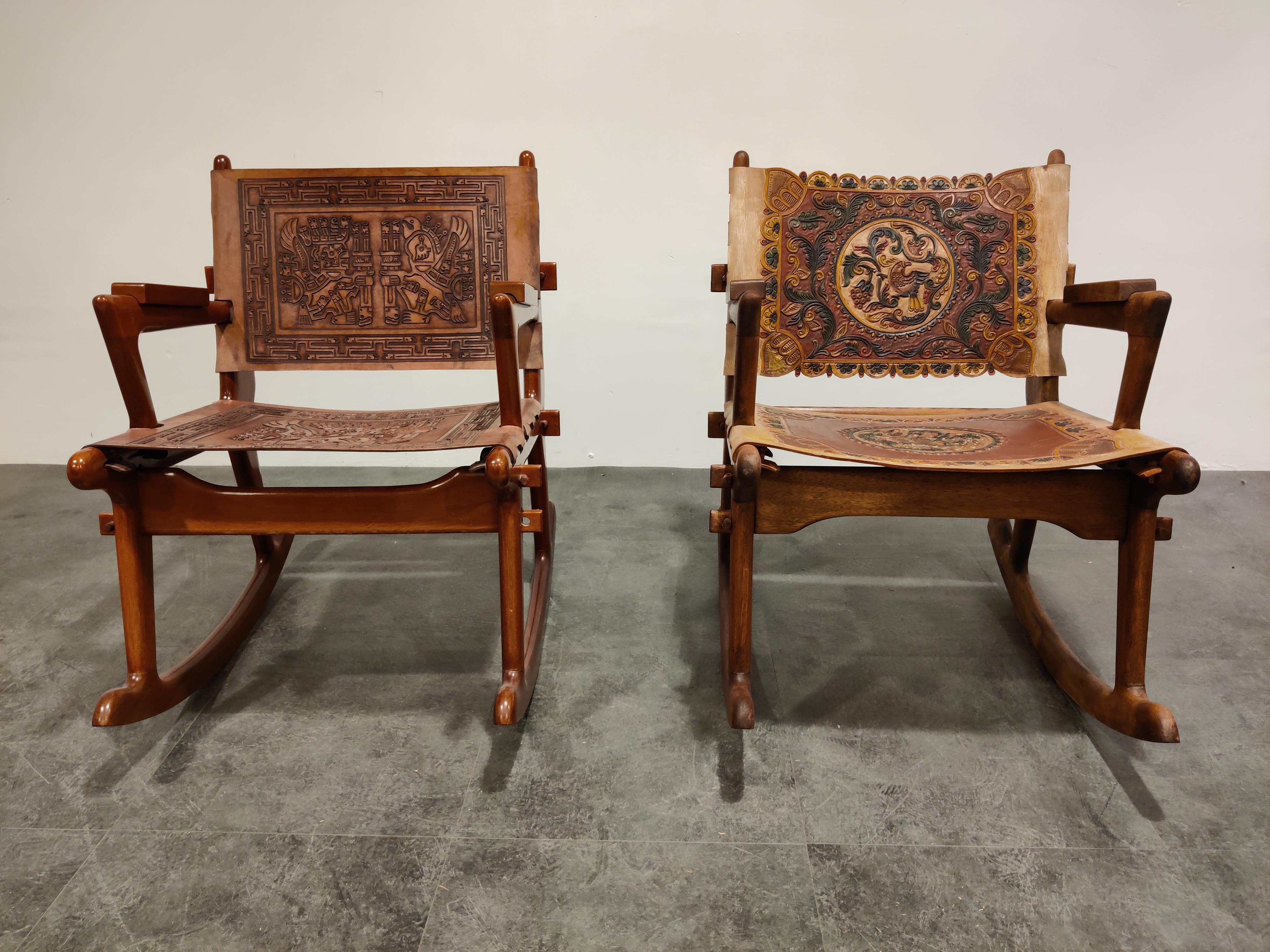 Mid-Century Modern Angel Pazmino Leather and Wood Rocking Chairs, Set of 2, 1960s