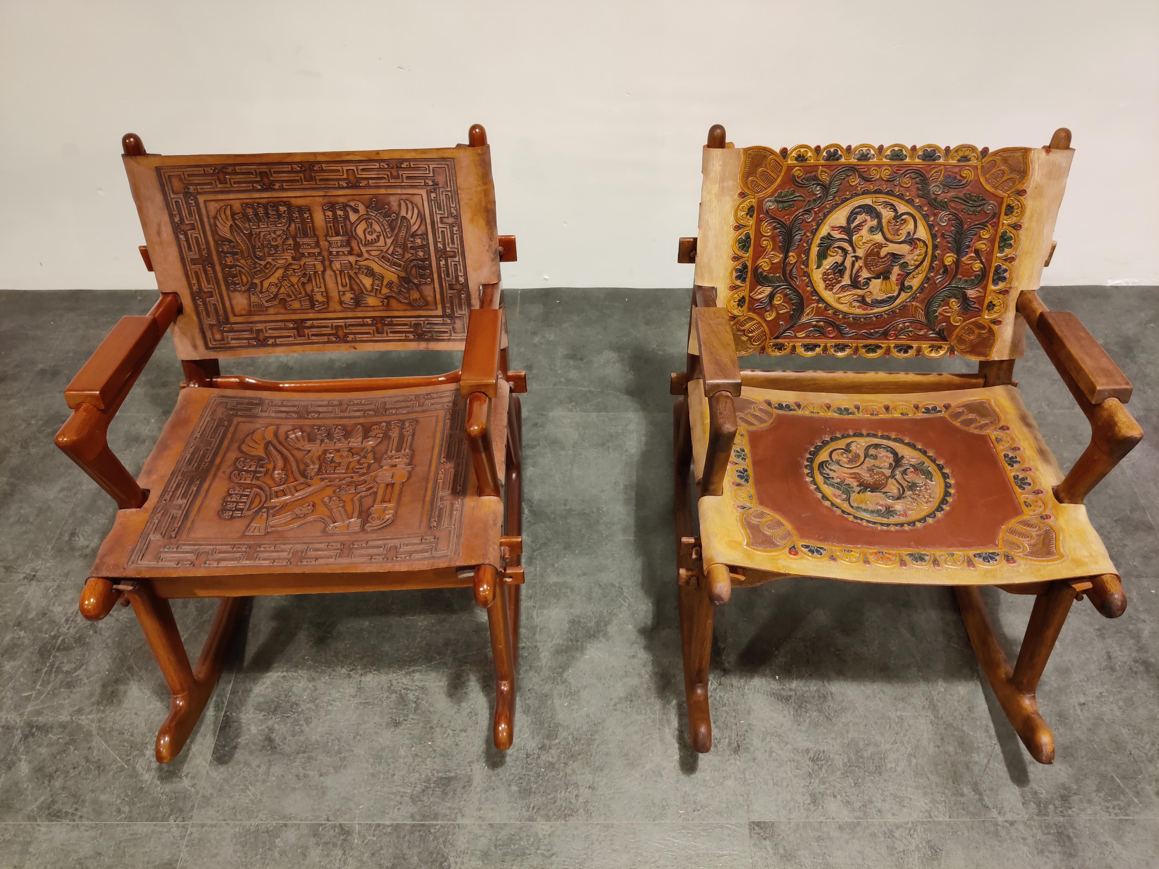 Ecuadorean Angel Pazmino Leather and Wood Rocking Chairs, Set of 2, 1960s