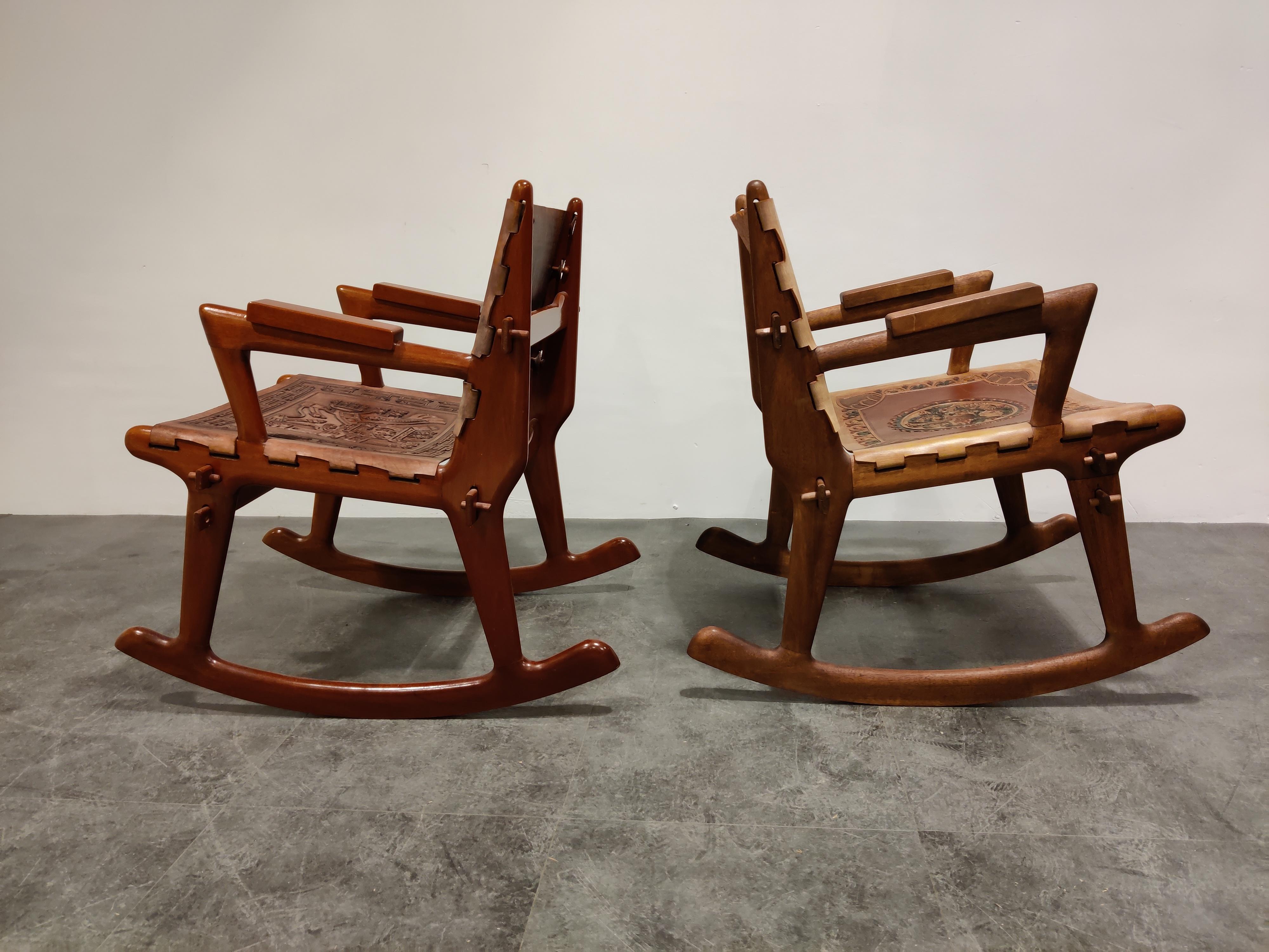 Angel Pazmino Leather and Wood Rocking Chairs, Set of 2, 1960s In Good Condition In HEVERLEE, BE