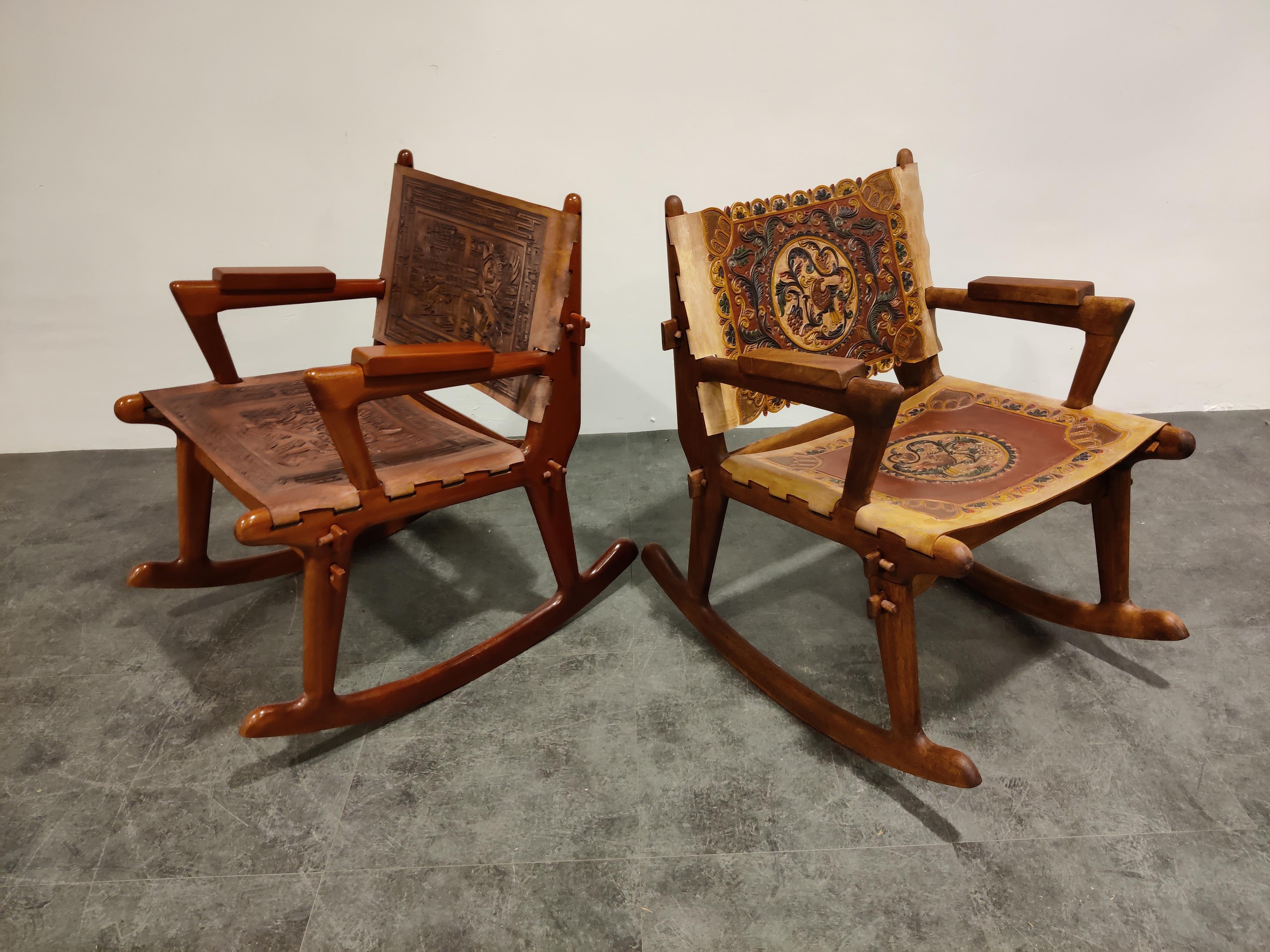 Mid-20th Century Angel Pazmino Leather and Wood Rocking Chairs, Set of 2, 1960s