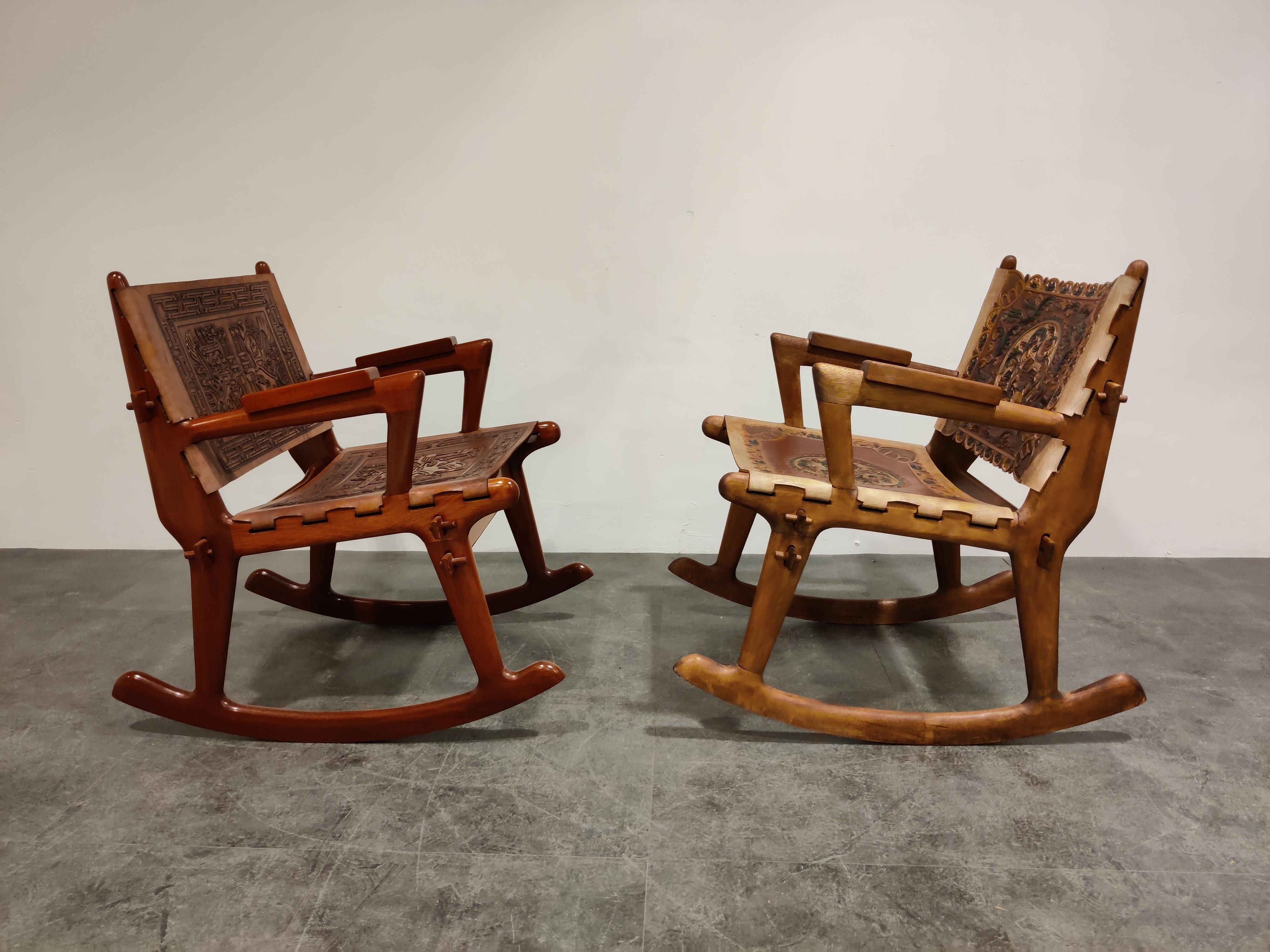 Angel Pazmino Leather and Wood Rocking Chairs, Set of 2, 1960s 1