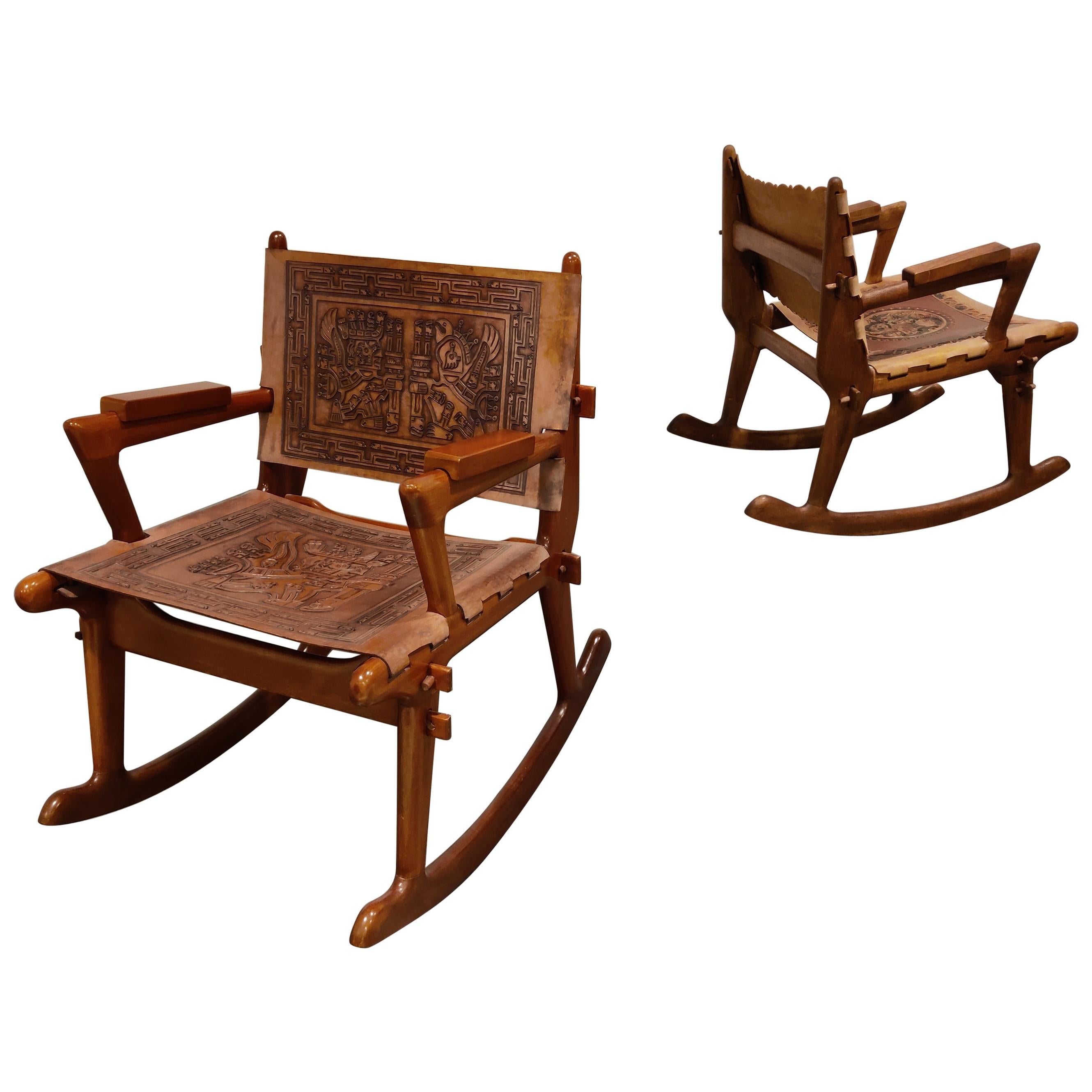 Angel Pazmino Leather and Wood Rocking Chairs, Set of 2, 1960s