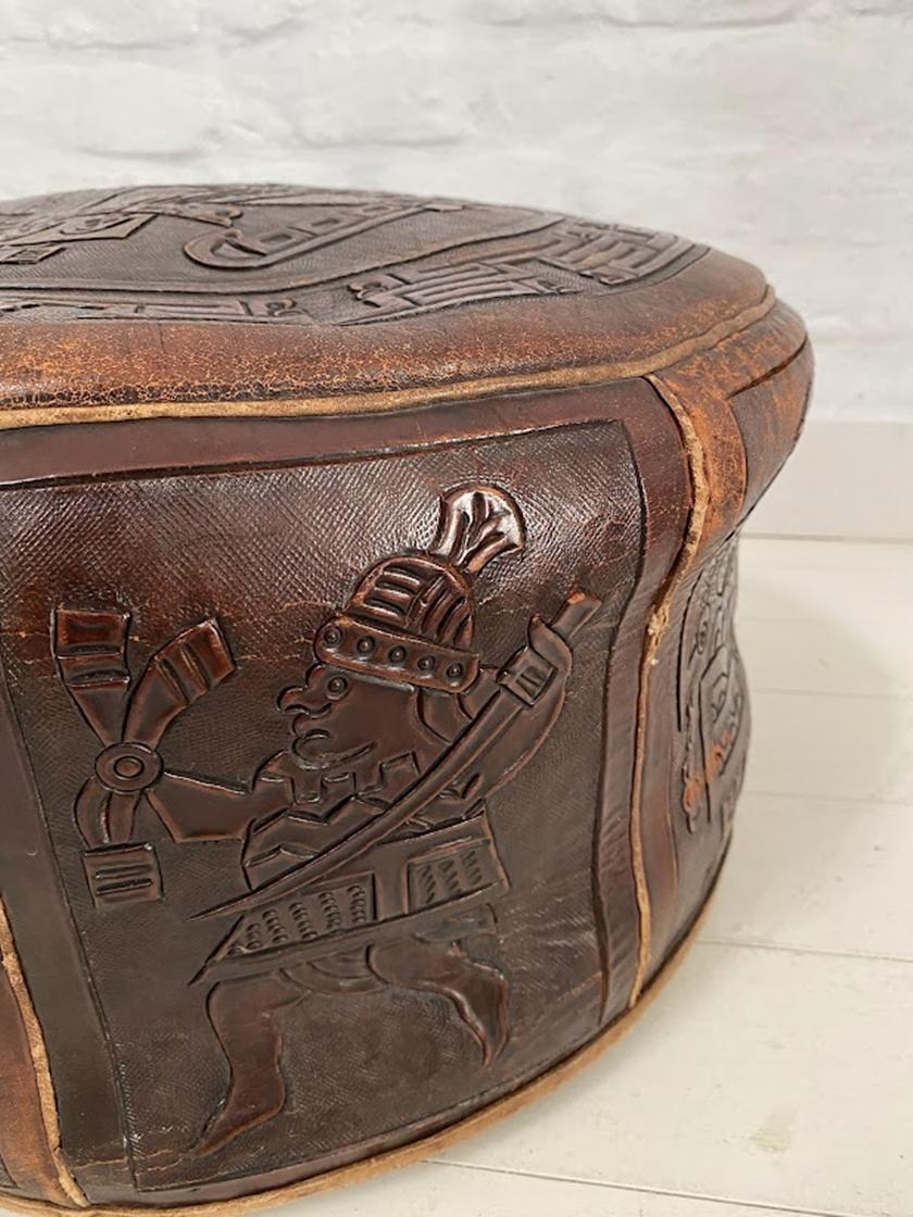 Angel Pazmino Low Brown Leather Pouf Ottoman Mayan Tooled Relief Ecuador, 1960s 4