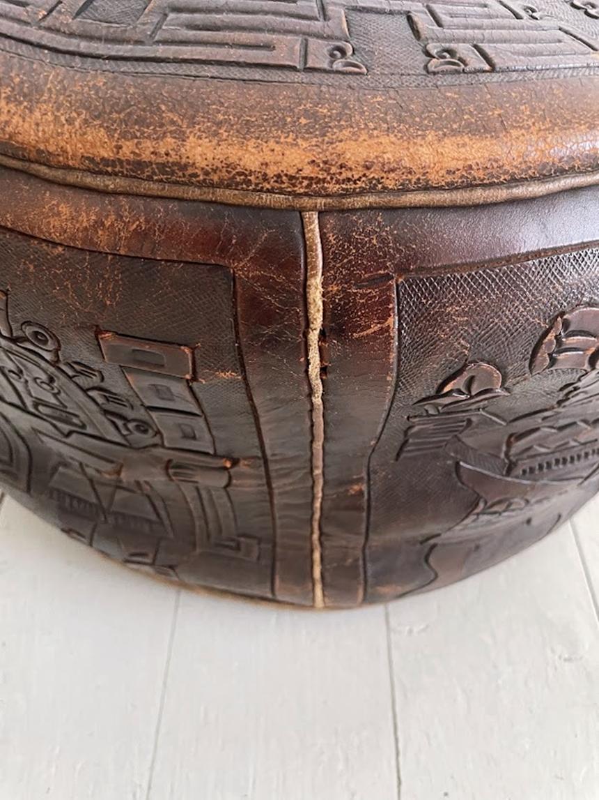 Angel Pazmino Low Brown Leather Pouf Ottoman Mayan Tooled Relief Ecuador, 1960s 2