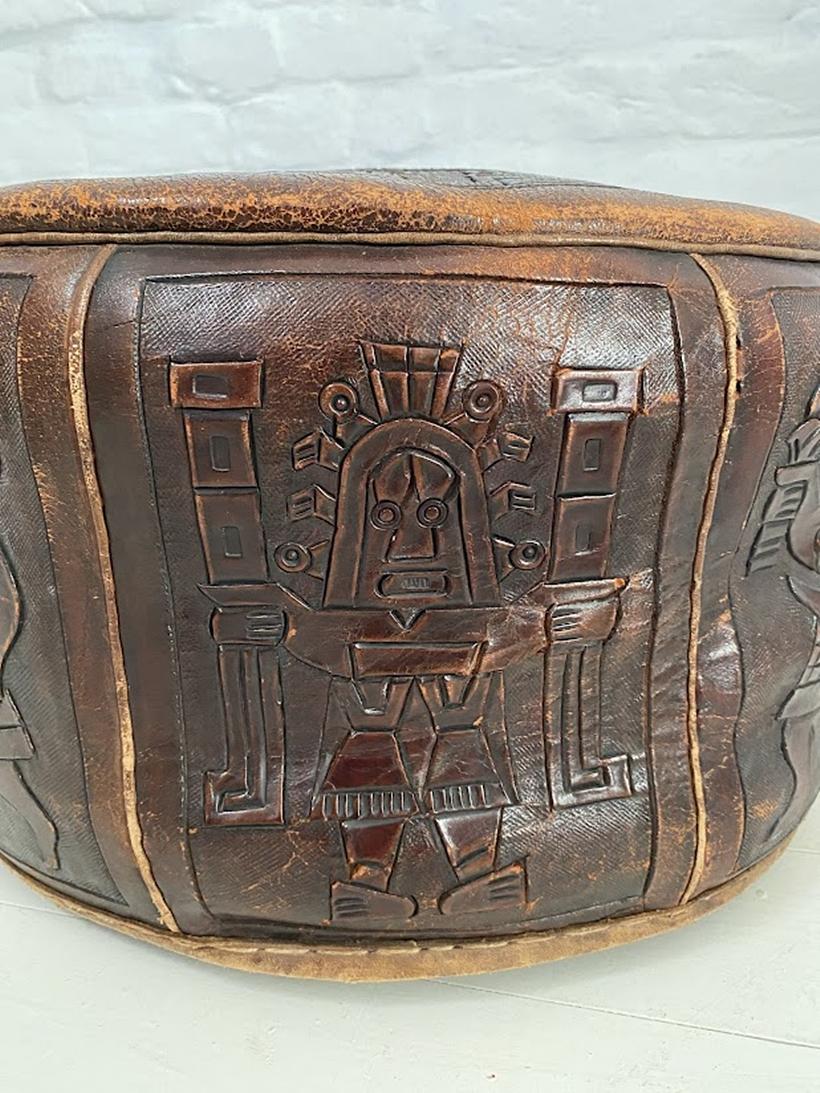 Angel Pazmino Low Brown Leather Pouf Ottoman Mayan Tooled Relief Ecuador, 1960s 3