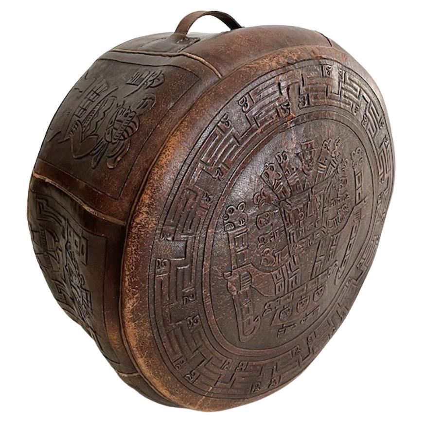 Angel Pazmino Low Brown Leather Pouf Ottoman Mayan Tooled Relief Ecuador, 1960s