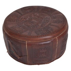 Angel Pazmino Low Leather Pouf Ottoman Stool Mayan Tooled Relief Ecuador, 1960s