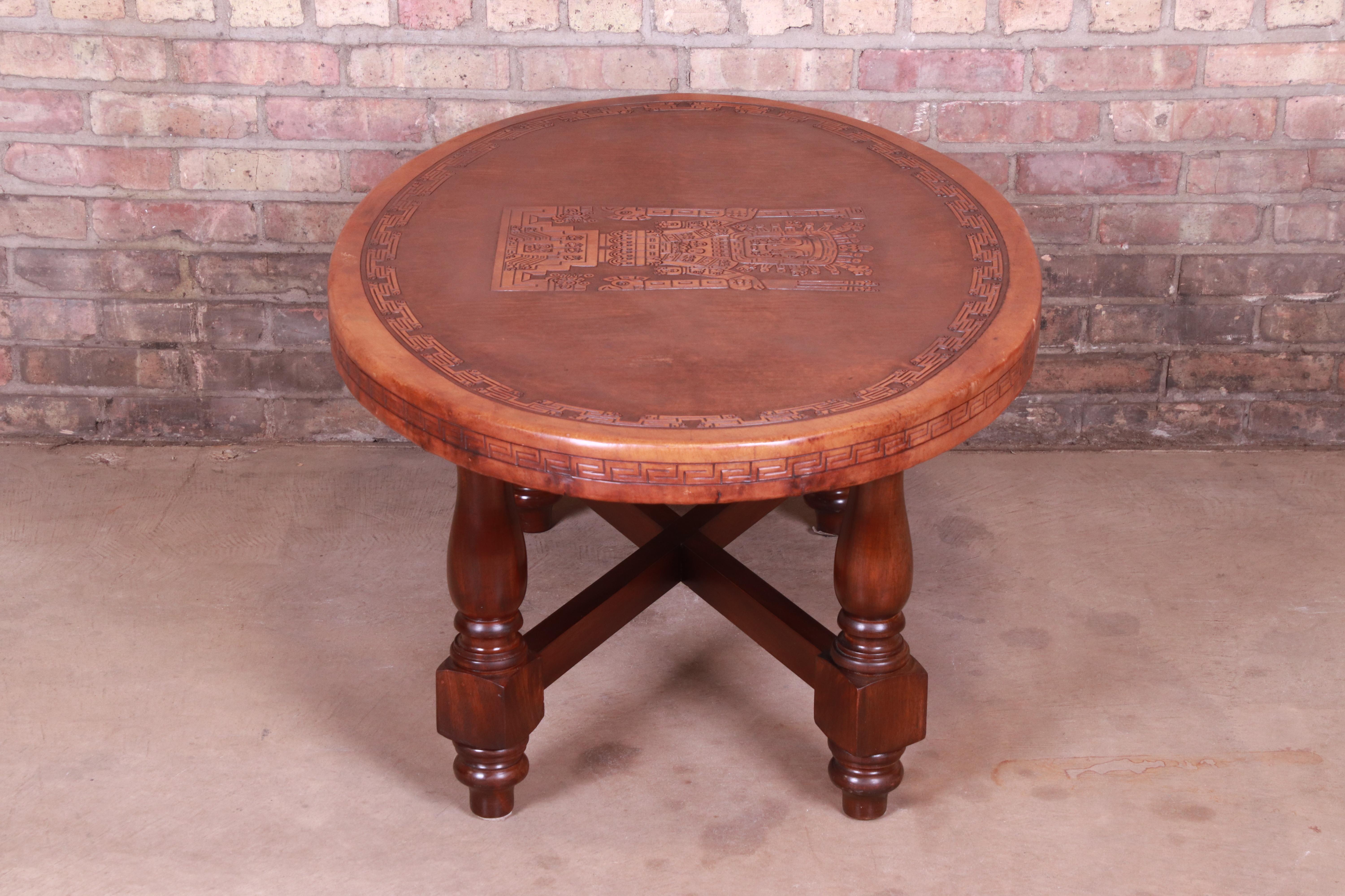 Angel Pazmino Mahogany and Tooled Leather Coffee Table, Ecuador, 1960s 1