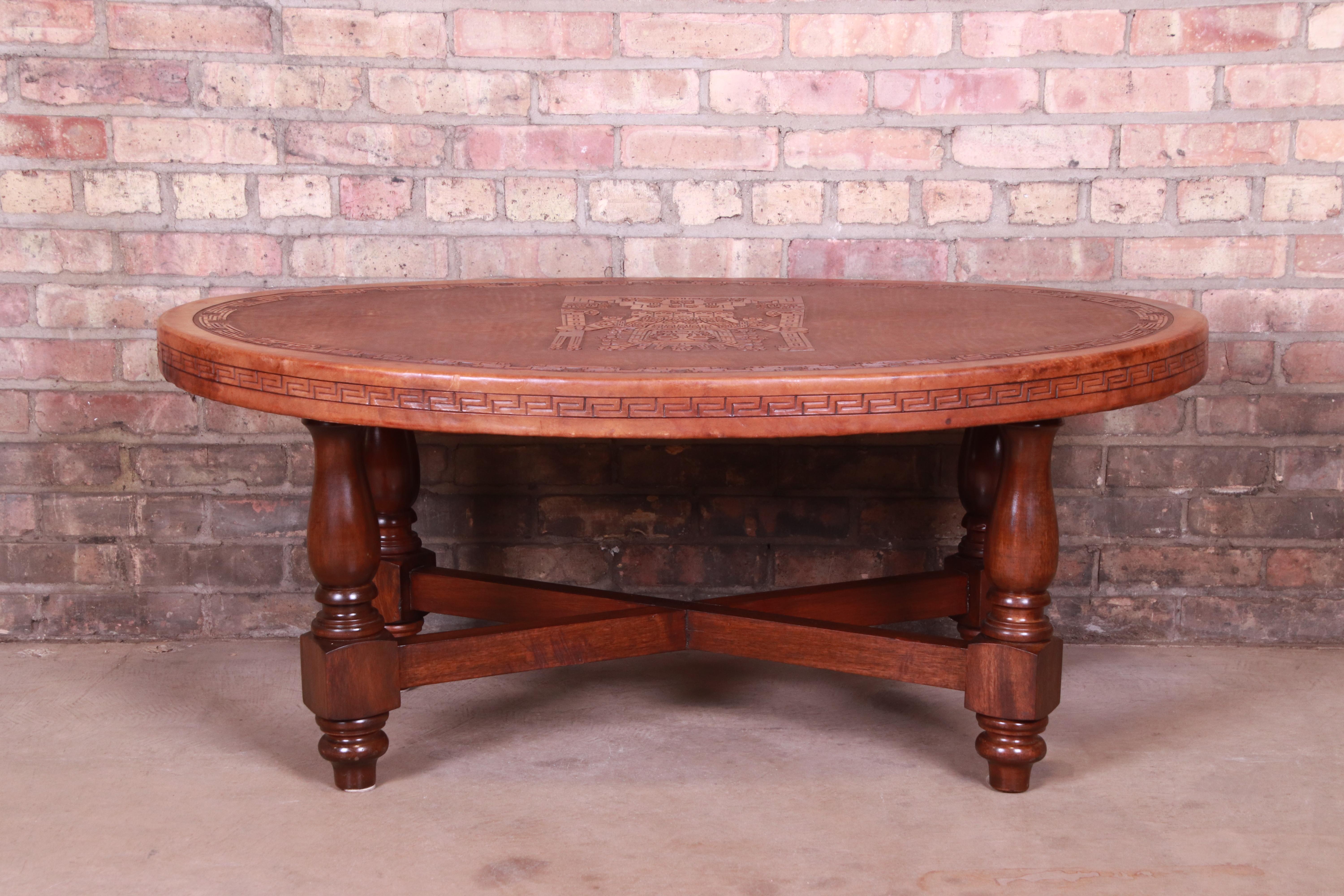 Angel Pazmino Mahogany and Tooled Leather Coffee Table, Ecuador, 1960s 2