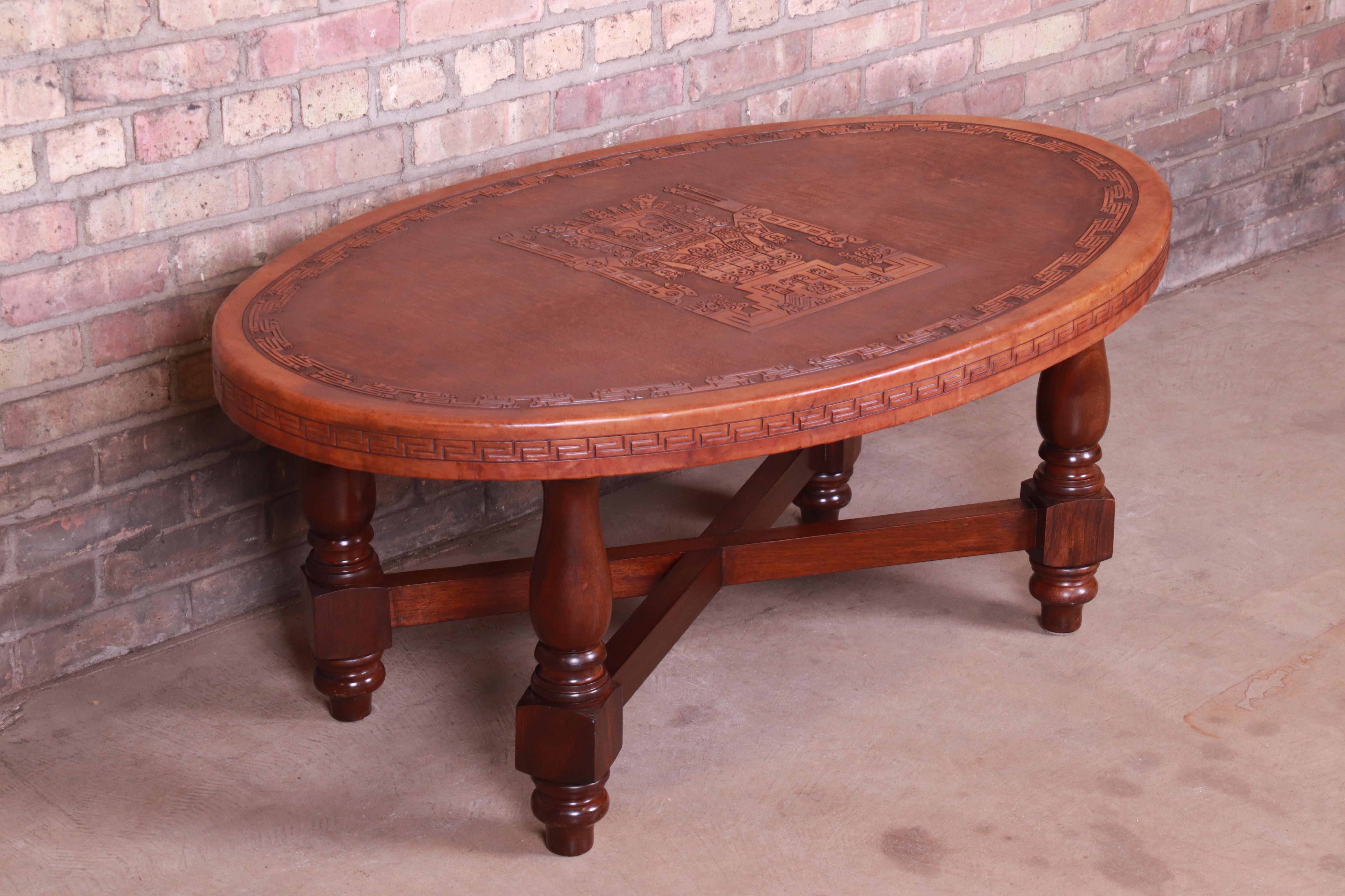 Mid-Century Modern Angel Pazmino Mahogany and Tooled Leather Coffee Table, Ecuador, 1960s