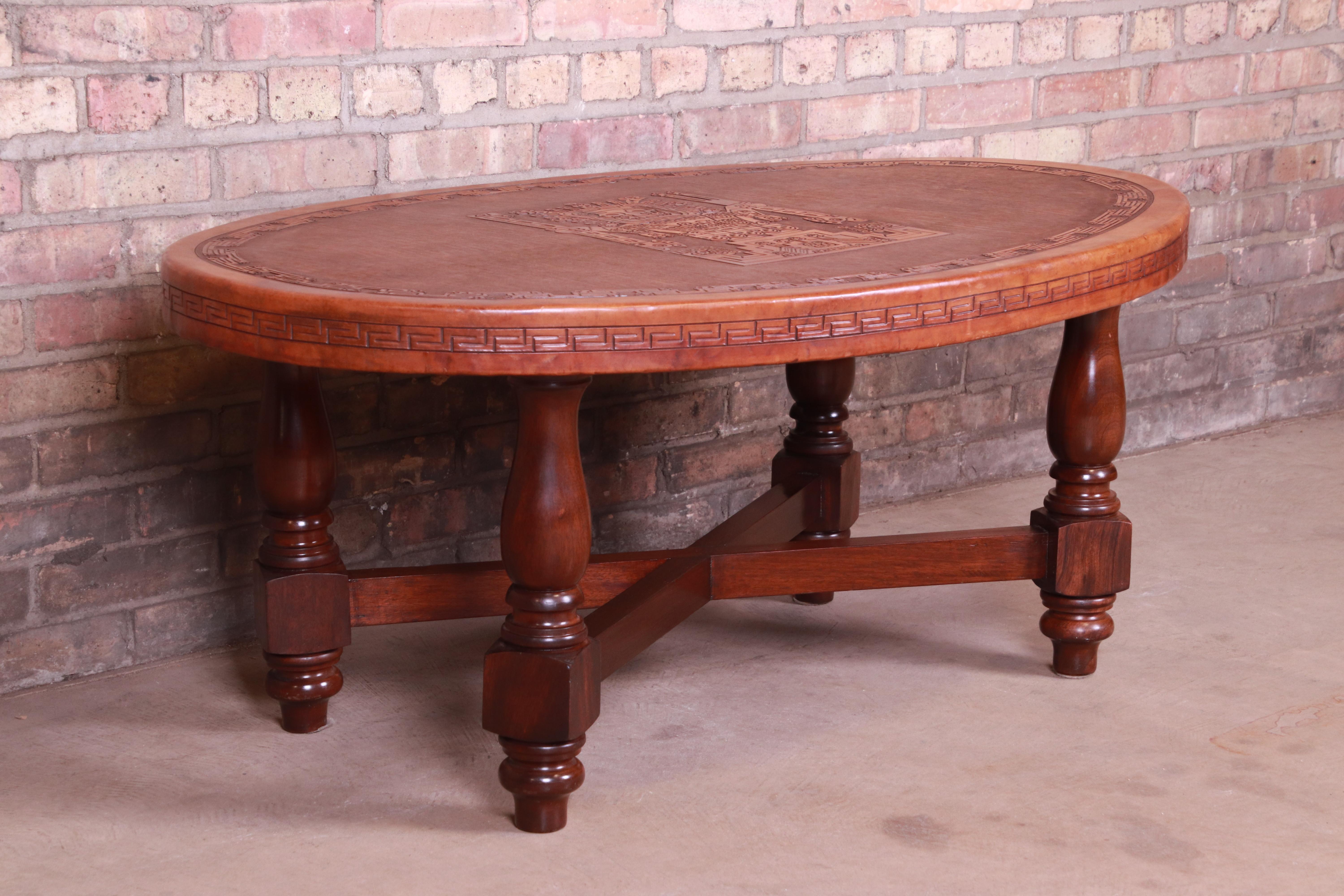 Ecuadorean Angel Pazmino Mahogany and Tooled Leather Coffee Table, Ecuador, 1960s