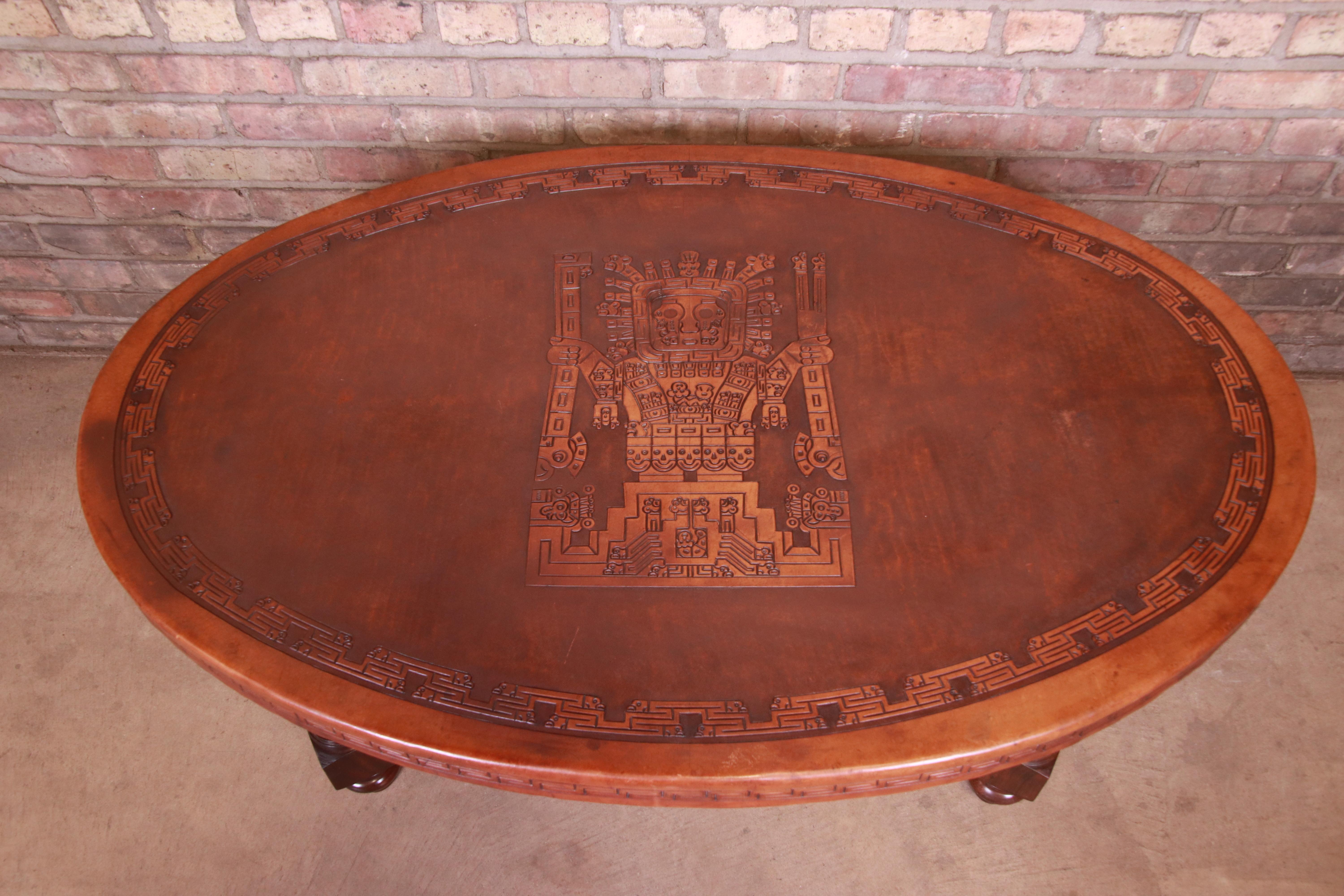 Embossed Angel Pazmino Mahogany and Tooled Leather Coffee Table, Ecuador, 1960s